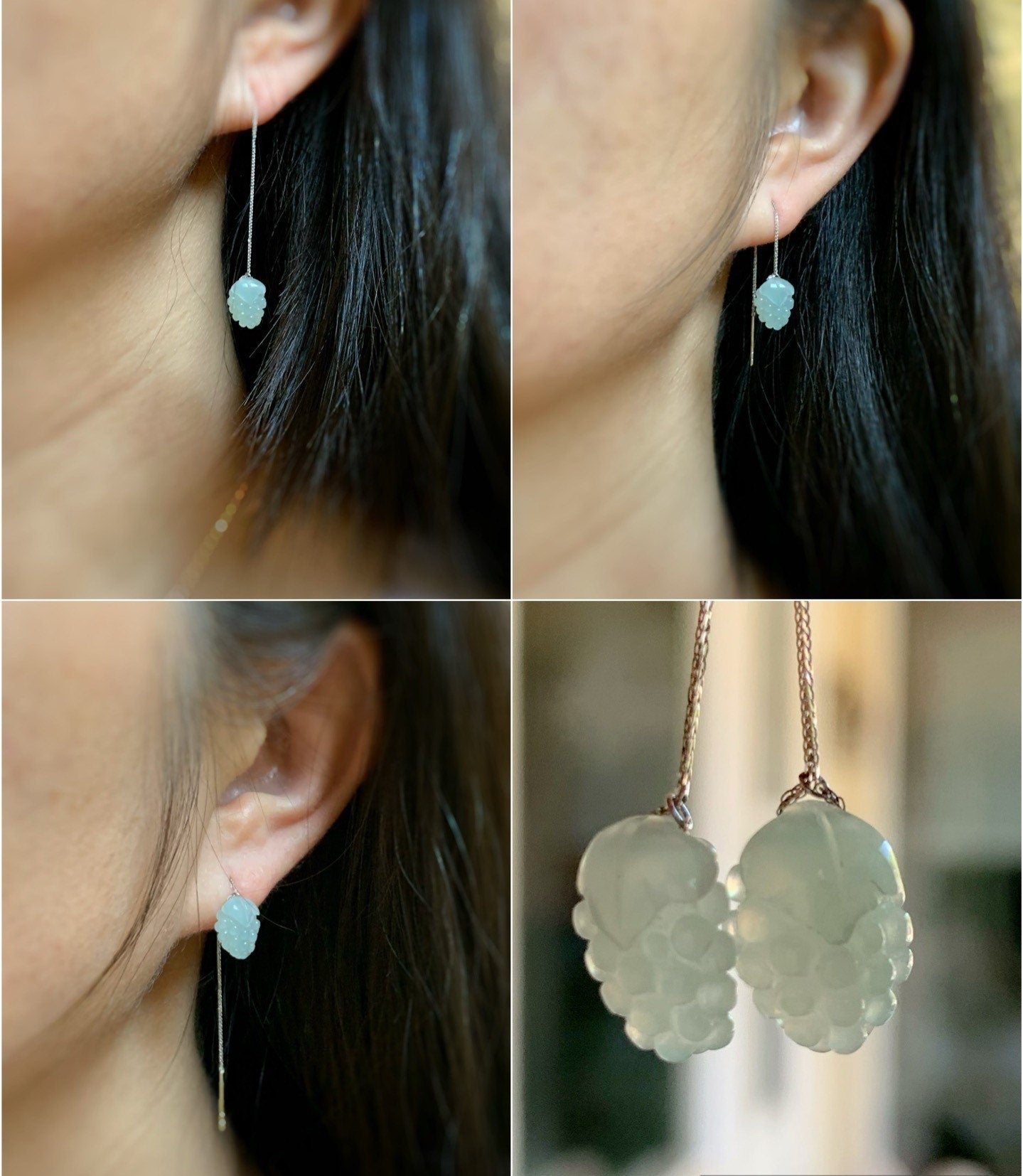 Natural Burmese Translucent Icy Jadeite Carved Grapes Threader Earrings 18K White Gold 天然缅甸冰胶翡翠葡萄18K金耳线