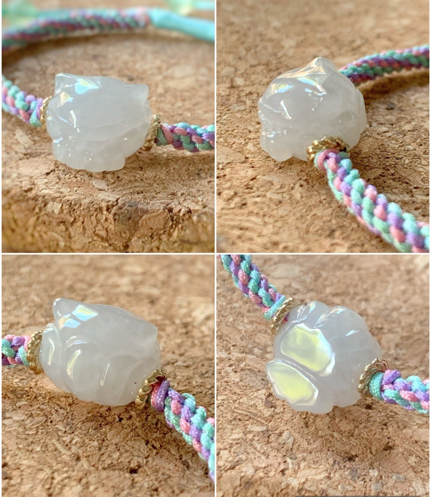 Natural Burmese Icy Translucent & Gelatinous White Jadeite 3D Carved Nine-Tailed Fox Rope Bracelet Adjustable 天然缅甸白冰起胶翡翠九尾狐狸手绳
