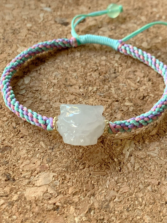 Natural Burmese Icy Translucent & Gelatinous White Jadeite 3D Carved Nine-Tailed Fox Rope Bracelet Adjustable 天然缅甸白冰起胶翡翠九尾狐狸手绳