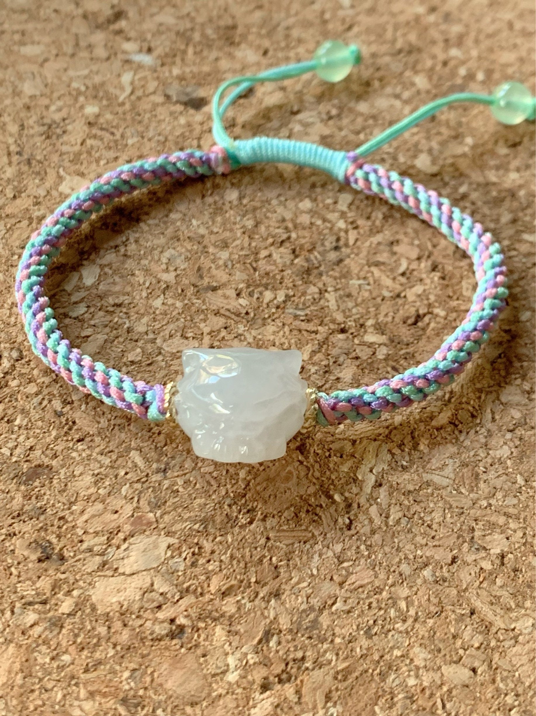 Natural Burmese Icy Translucent & Gelatinous White Jadeite 3D Carved Nine-Tailed Fox Rope Bracelet Adjustable 天然缅甸白冰起胶翡翠九尾狐狸手绳