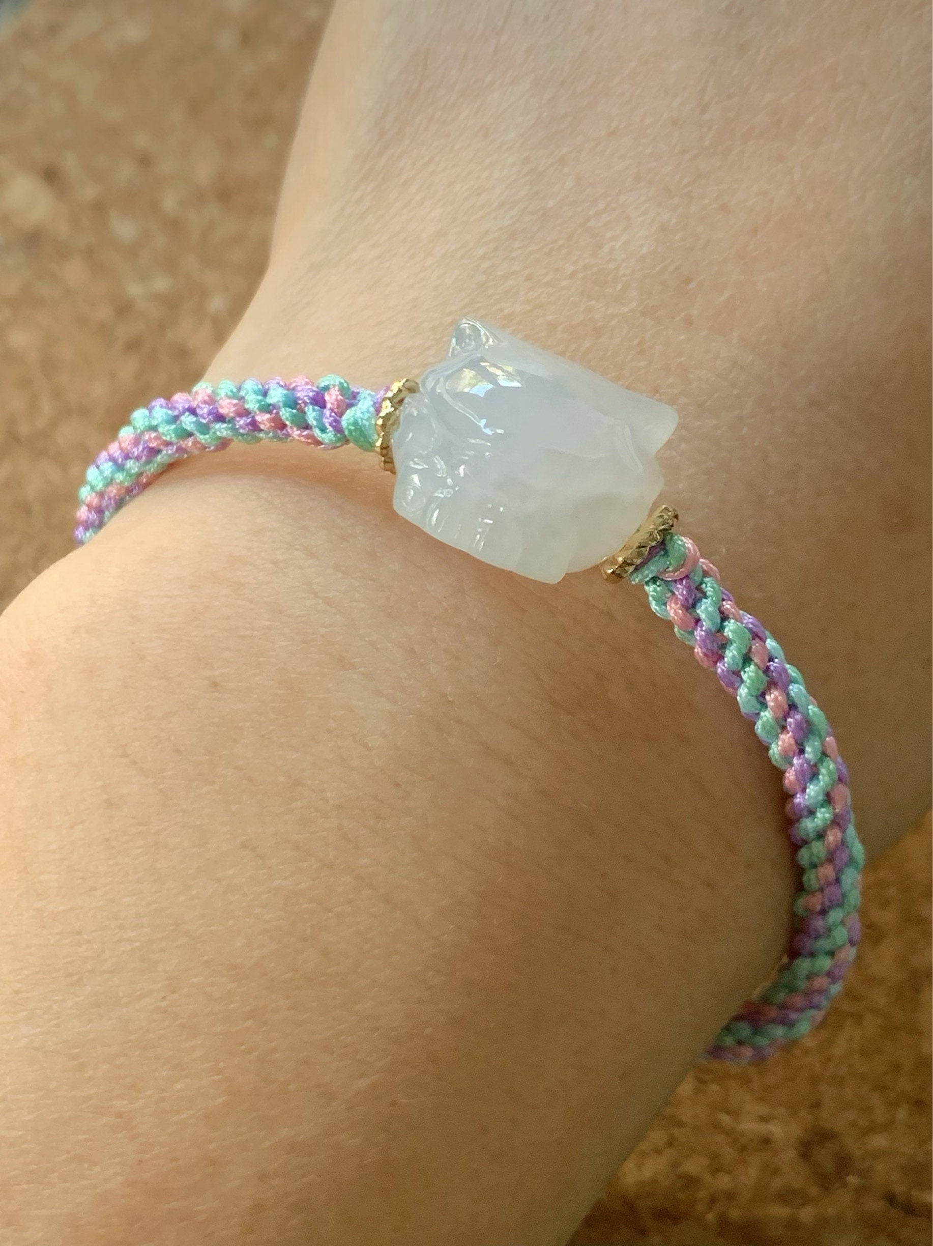Natural Burmese Icy Translucent & Gelatinous White Jadeite 3D Carved Nine-Tailed Fox Rope Bracelet Adjustable 天然缅甸白冰起胶翡翠九尾狐狸手绳