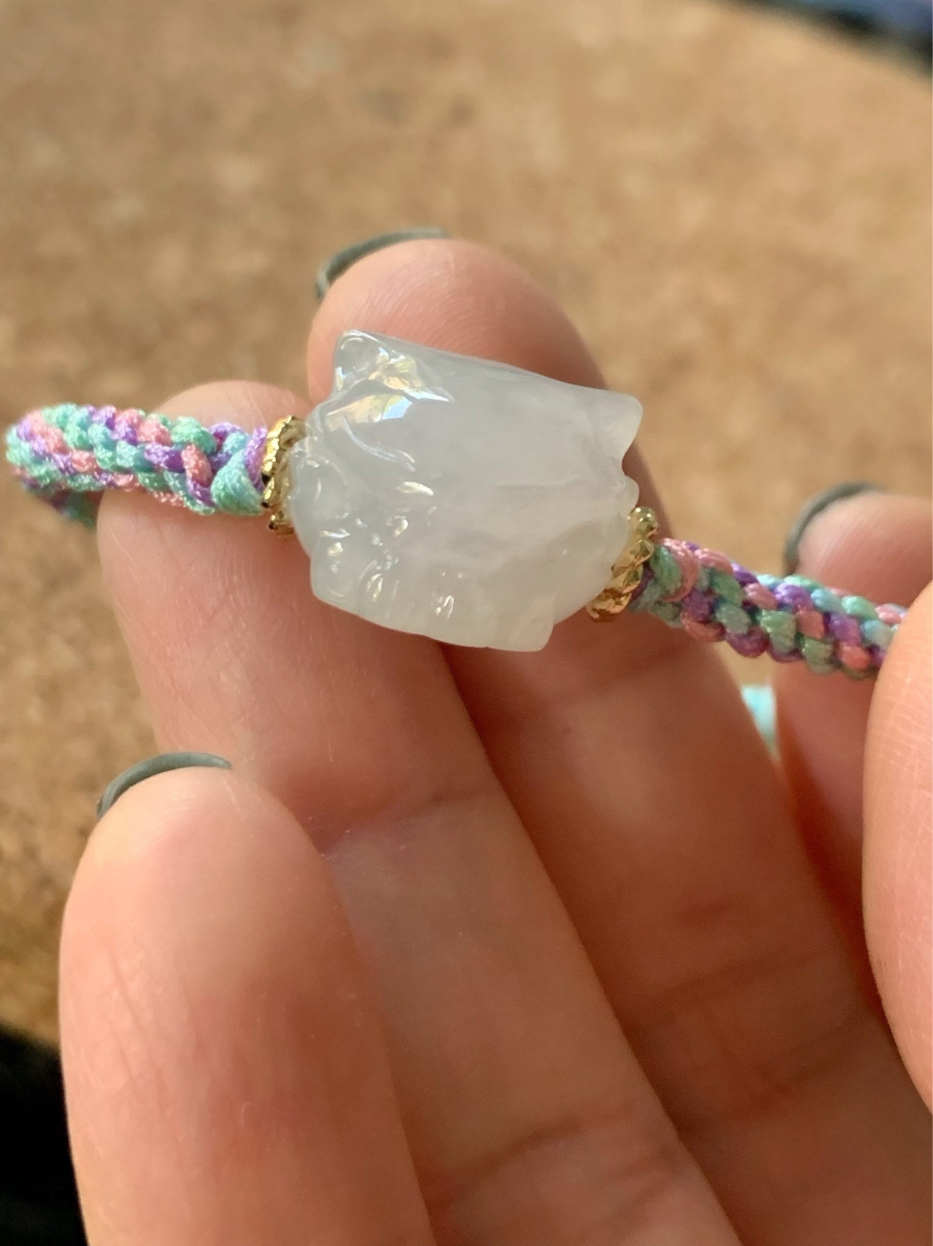 Natural Burmese Icy Translucent & Gelatinous White Jadeite 3D Carved Nine-Tailed Fox Rope Bracelet Adjustable 天然缅甸白冰起胶翡翠九尾狐狸手绳