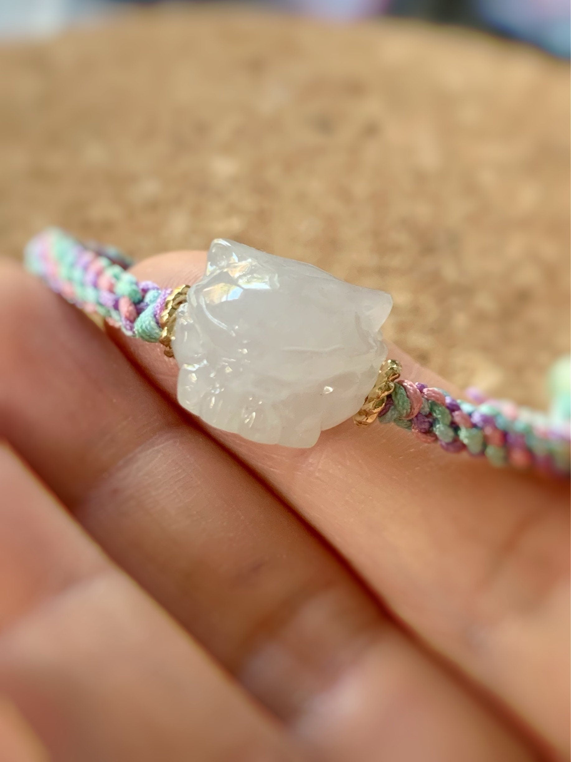Natural Burmese Icy Translucent & Gelatinous White Jadeite 3D Carved Nine-Tailed Fox Rope Bracelet Adjustable 天然缅甸白冰起胶翡翠九尾狐狸手绳