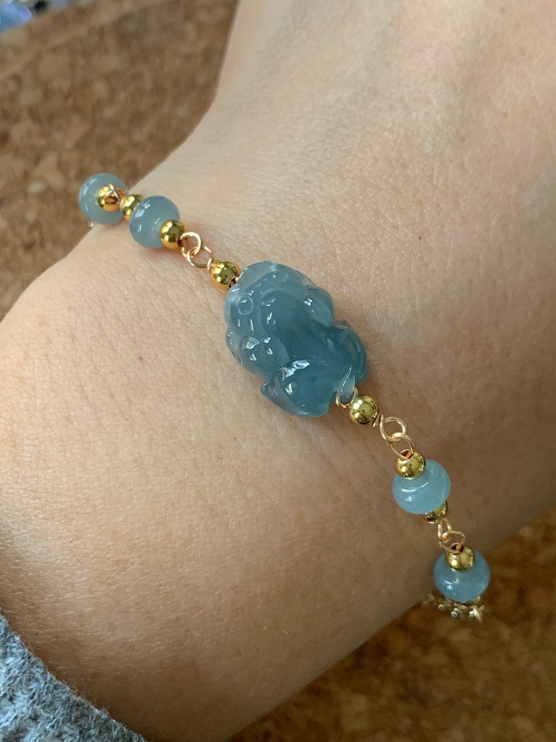 Natural Guatemalan Translucent Gelatinous Blue Jadeite Carved Pixiu Bracelet 14K Gold Plating adjustable up to 7.25"-7” 天然冰危蓝翡翠立体雕貔貅14K包金手链