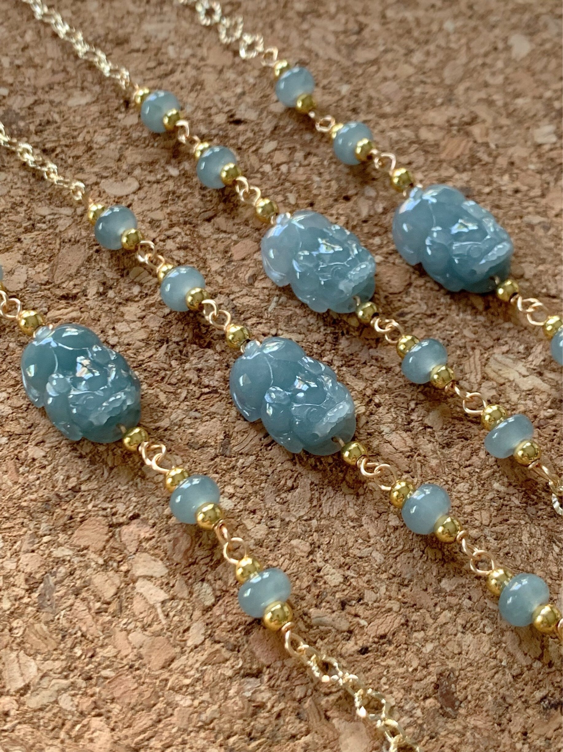 Natural Guatemalan Translucent Gelatinous Blue Jadeite Carved Pixiu Bracelet 14K Gold Plating adjustable up to 7.25"-7” 天然冰危蓝翡翠立体雕貔貅14K包金手链