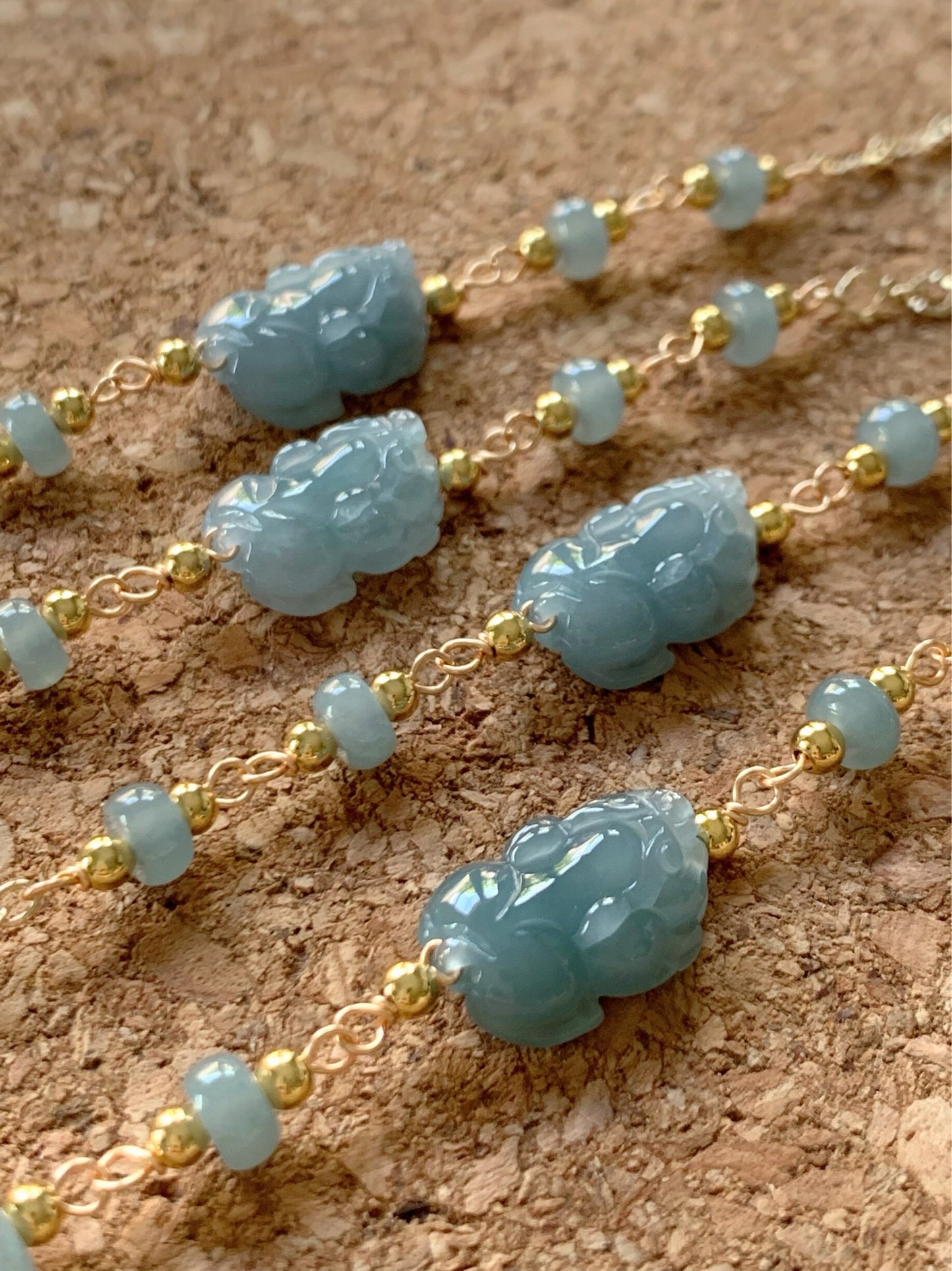 Natural Guatemalan Translucent Gelatinous Blue Jadeite Carved Pixiu Bracelet 14K Gold Plating adjustable up to 7.25"-7” 天然冰危蓝翡翠立体雕貔貅14K包金手链