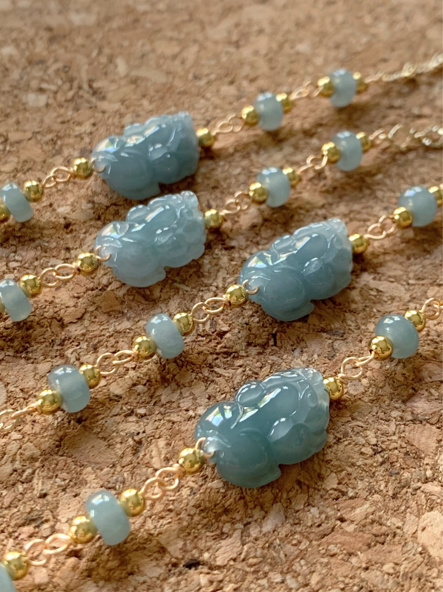 Natural Guatemalan Translucent Gelatinous Blue Jadeite Carved Pixiu Bracelet 14K Gold Plating adjustable up to 7.25"-7” 天然冰危蓝翡翠立体雕貔貅14K包金手链