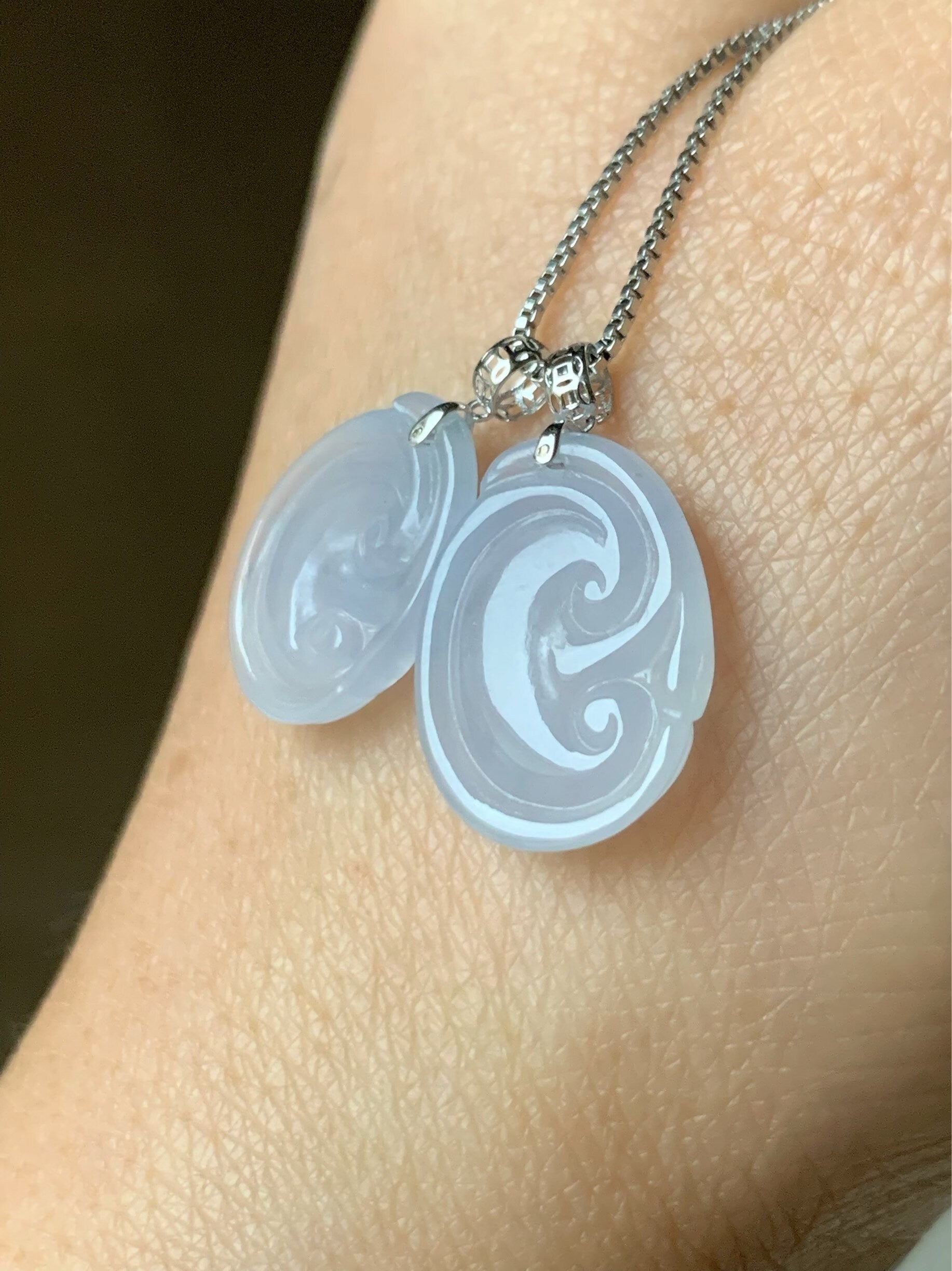 Natural Burmese Translucent & Gelatinous Light Purple Jadeite Ruyi Petite Pendant 18K White Gold w/ Silver Chain 天然缅甸冰淡紫底翡翠如意镶嵌吊坠