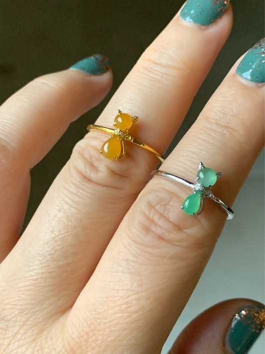 Certified Natural Burmese Premium Icy Yellow or Green Jadeite Kitty Cat Ring 18K Yellow or White Gold & Diamonds size 7 天然缅甸冰黄冰绿翡翠猫咪镶嵌戒指