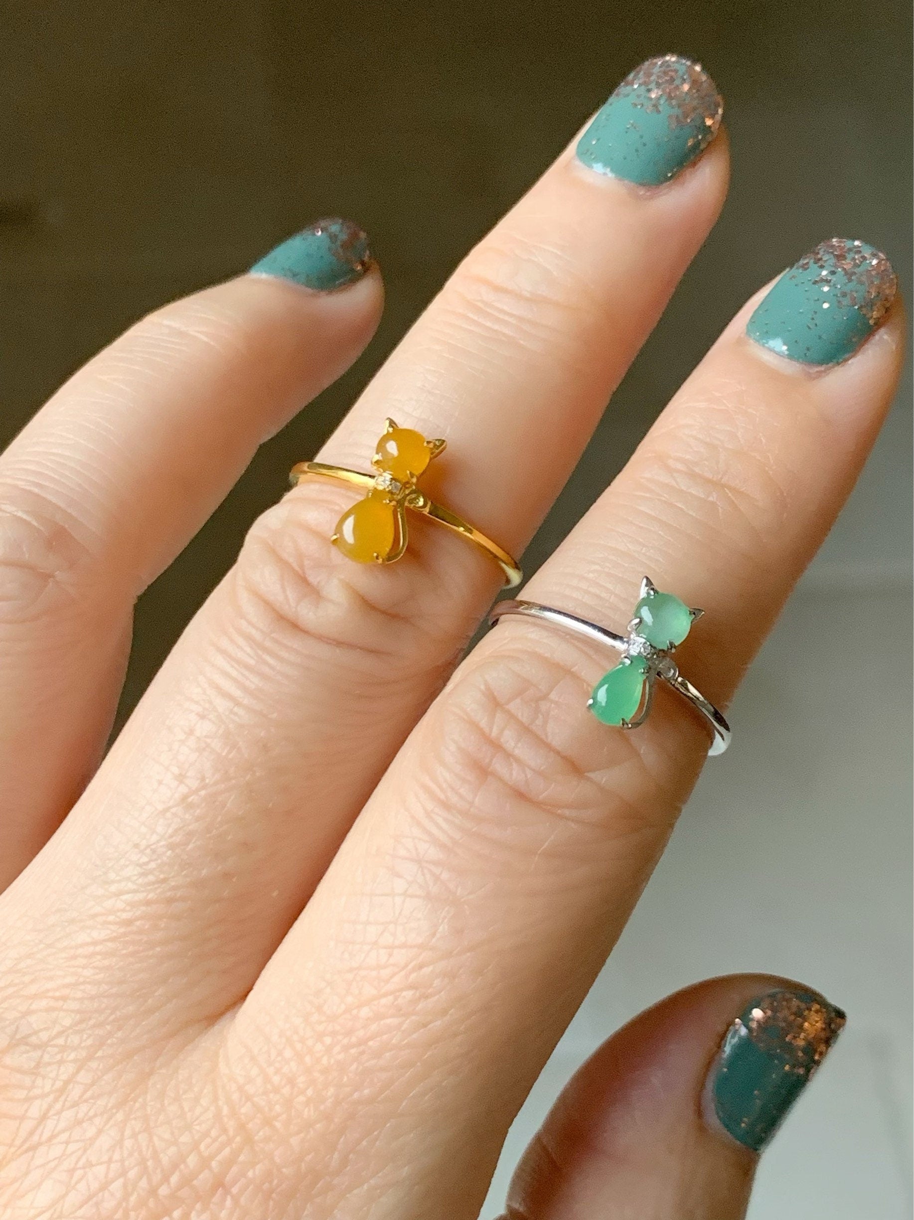 Certified Natural Burmese Premium Icy Yellow or Green Jadeite Kitty Cat Ring 18K Yellow or White Gold & Diamonds size 7 天然缅甸冰黄冰绿翡翠猫咪镶嵌戒指