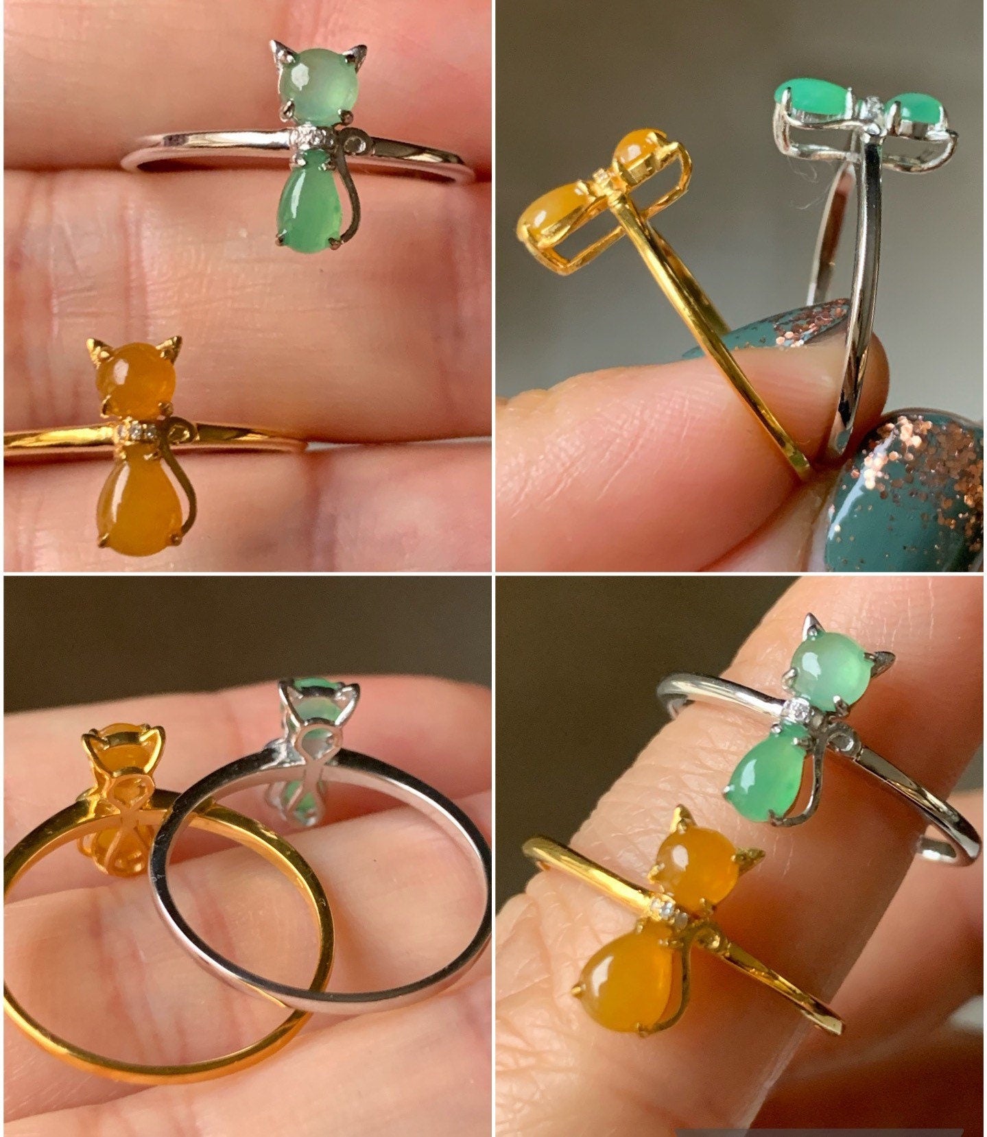 Certified Natural Burmese Premium Icy Yellow or Green Jadeite Kitty Cat Ring 18K Yellow or White Gold & Diamonds size 7 天然缅甸冰黄冰绿翡翠猫咪镶嵌戒指