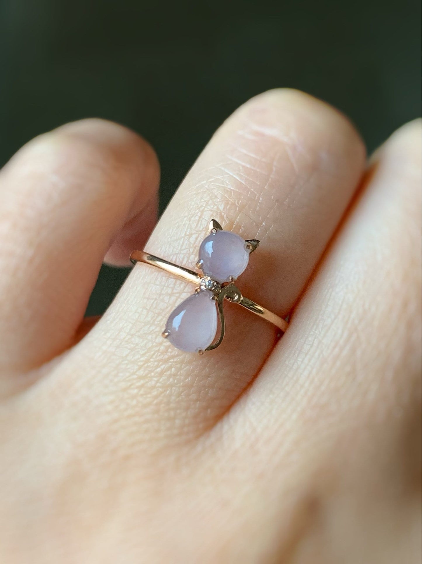 Certified Natural Burmese Premium Highly Translucent Pinkish Purple Jadeite Kitty Cat Ring 18K Rose Gold & Diamonds size 7 天然缅甸冰紫起光翡翠猫咪镶嵌戒指