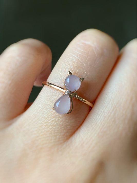 Certified Natural Burmese Premium Highly Translucent Pinkish Purple Jadeite Kitty Cat Ring 18K Rose Gold & Diamonds size 7 天然缅甸冰紫起光翡翠猫咪镶嵌戒指