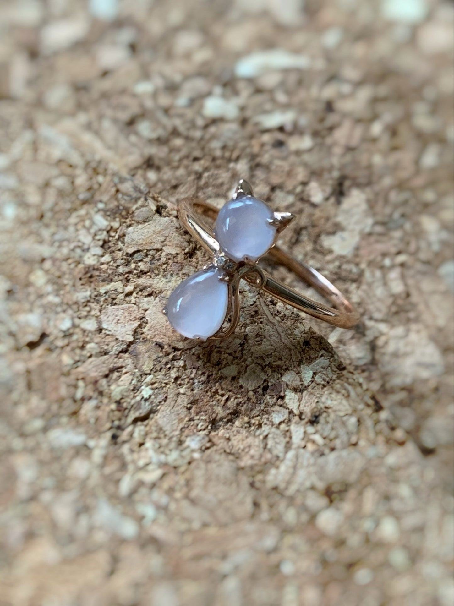 Certified Natural Burmese Premium Highly Translucent Pinkish Purple Jadeite Kitty Cat Ring 18K Rose Gold & Diamonds size 7 天然缅甸冰紫起光翡翠猫咪镶嵌戒指