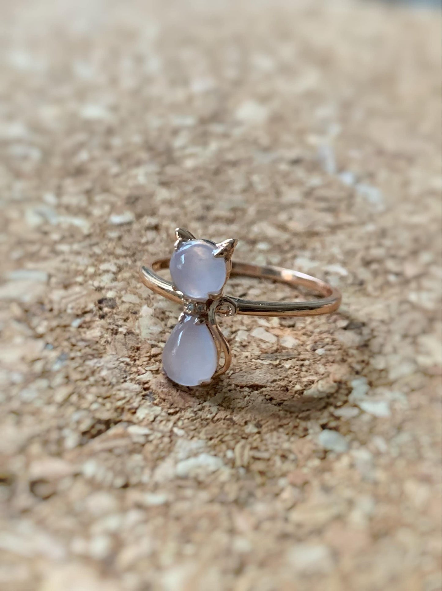 Certified Natural Burmese Premium Highly Translucent Pinkish Purple Jadeite Kitty Cat Ring 18K Rose Gold & Diamonds size 7 天然缅甸冰紫起光翡翠猫咪镶嵌戒指