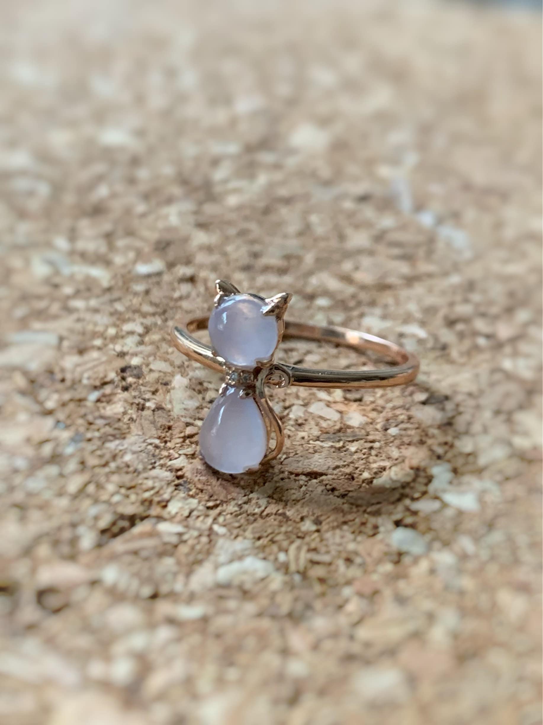 Certified Natural Burmese Premium Highly Translucent Pinkish Purple Jadeite Kitty Cat Ring 18K Rose Gold & Diamonds size 7 天然缅甸冰紫起光翡翠猫咪镶嵌戒指