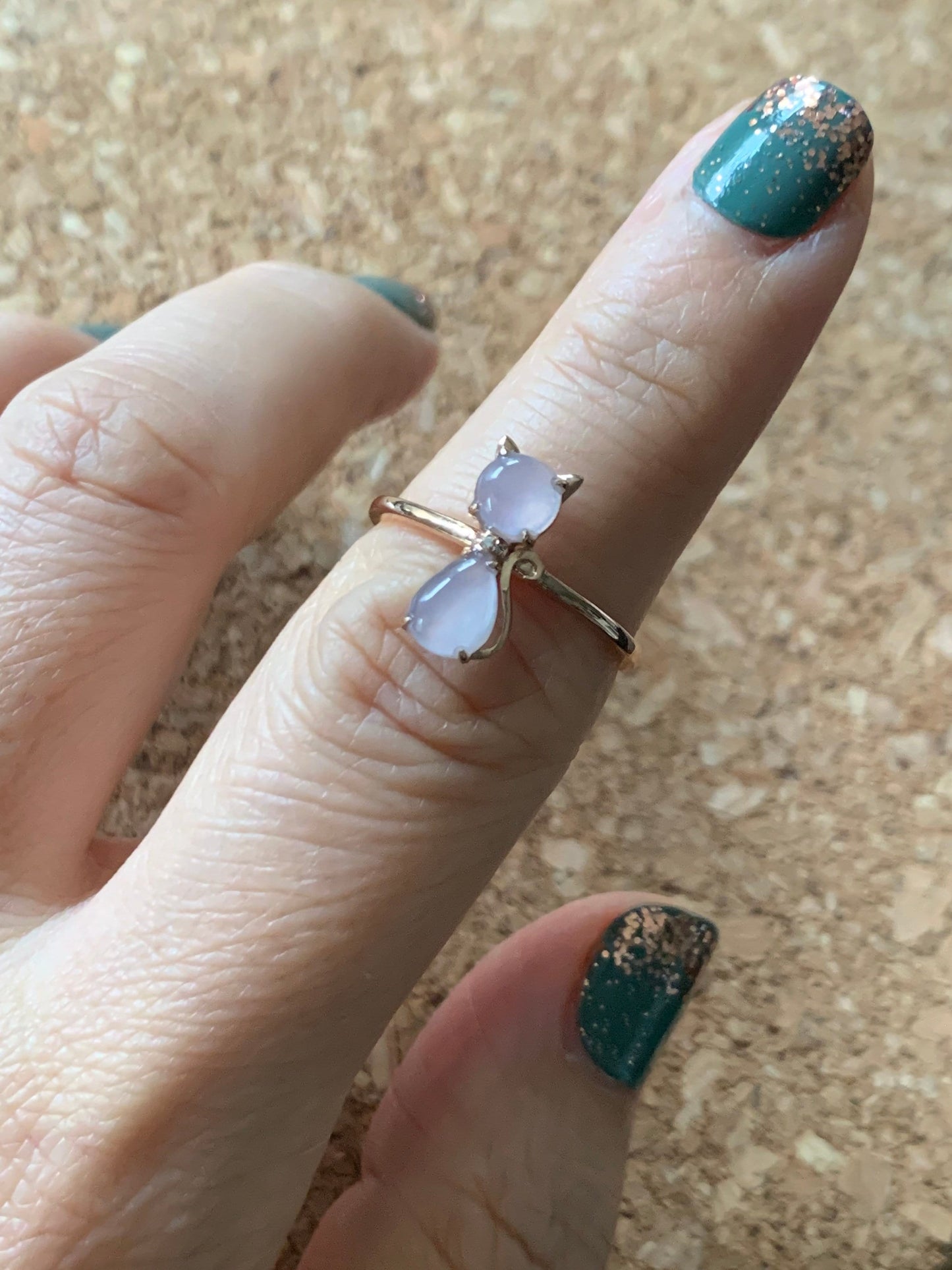 Certified Natural Burmese Premium Highly Translucent Pinkish Purple Jadeite Kitty Cat Ring 18K Rose Gold & Diamonds size 7 天然缅甸冰紫起光翡翠猫咪镶嵌戒指