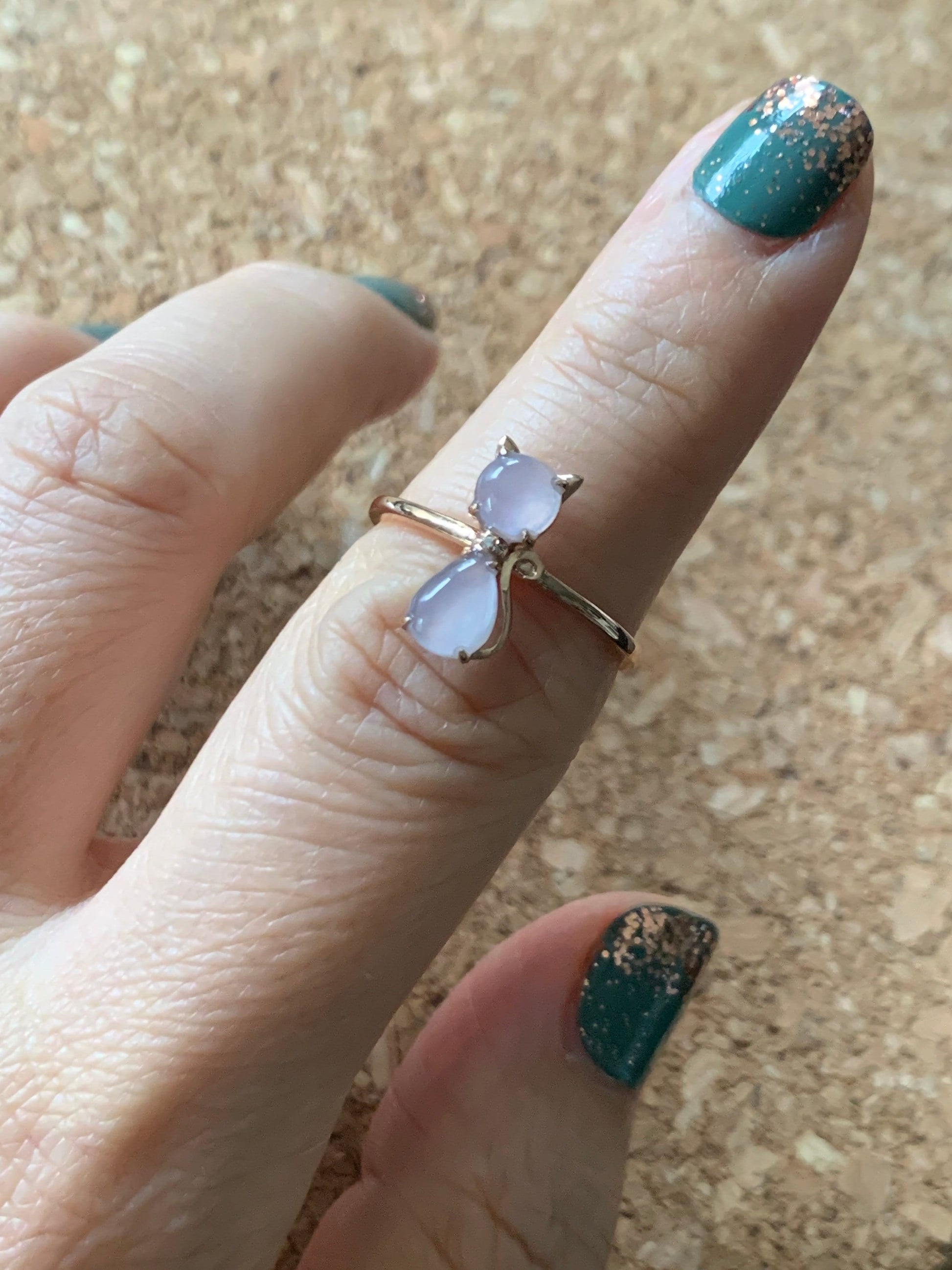 Certified Natural Burmese Premium Highly Translucent Pinkish Purple Jadeite Kitty Cat Ring 18K Rose Gold & Diamonds size 7 天然缅甸冰紫起光翡翠猫咪镶嵌戒指