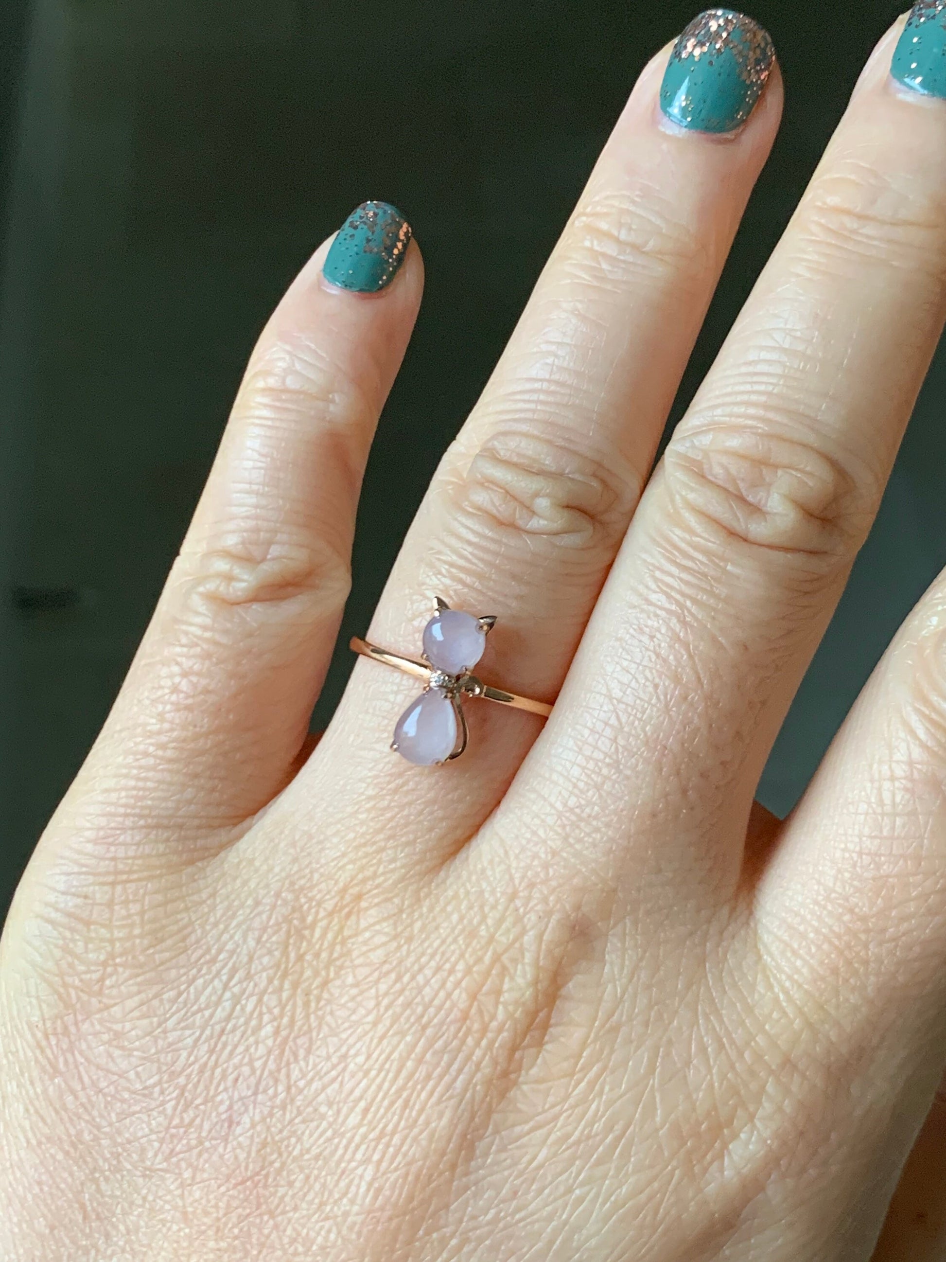 Certified Natural Burmese Premium Highly Translucent Pinkish Purple Jadeite Kitty Cat Ring 18K Rose Gold & Diamonds size 7 天然缅甸冰紫起光翡翠猫咪镶嵌戒指