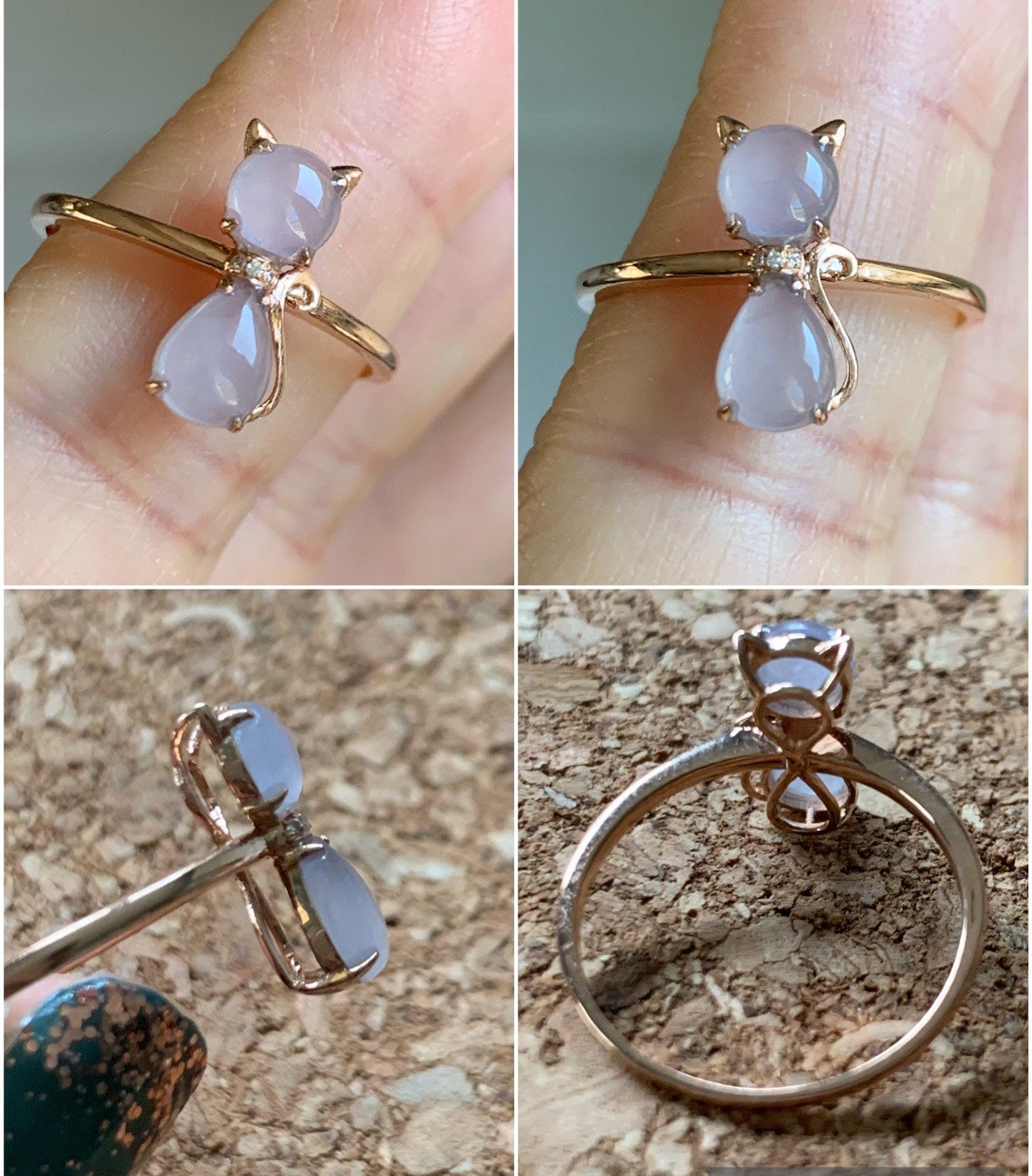 Certified Natural Burmese Premium Highly Translucent Pinkish Purple Jadeite Kitty Cat Ring 18K Rose Gold & Diamonds size 7 天然缅甸冰紫起光翡翠猫咪镶嵌戒指