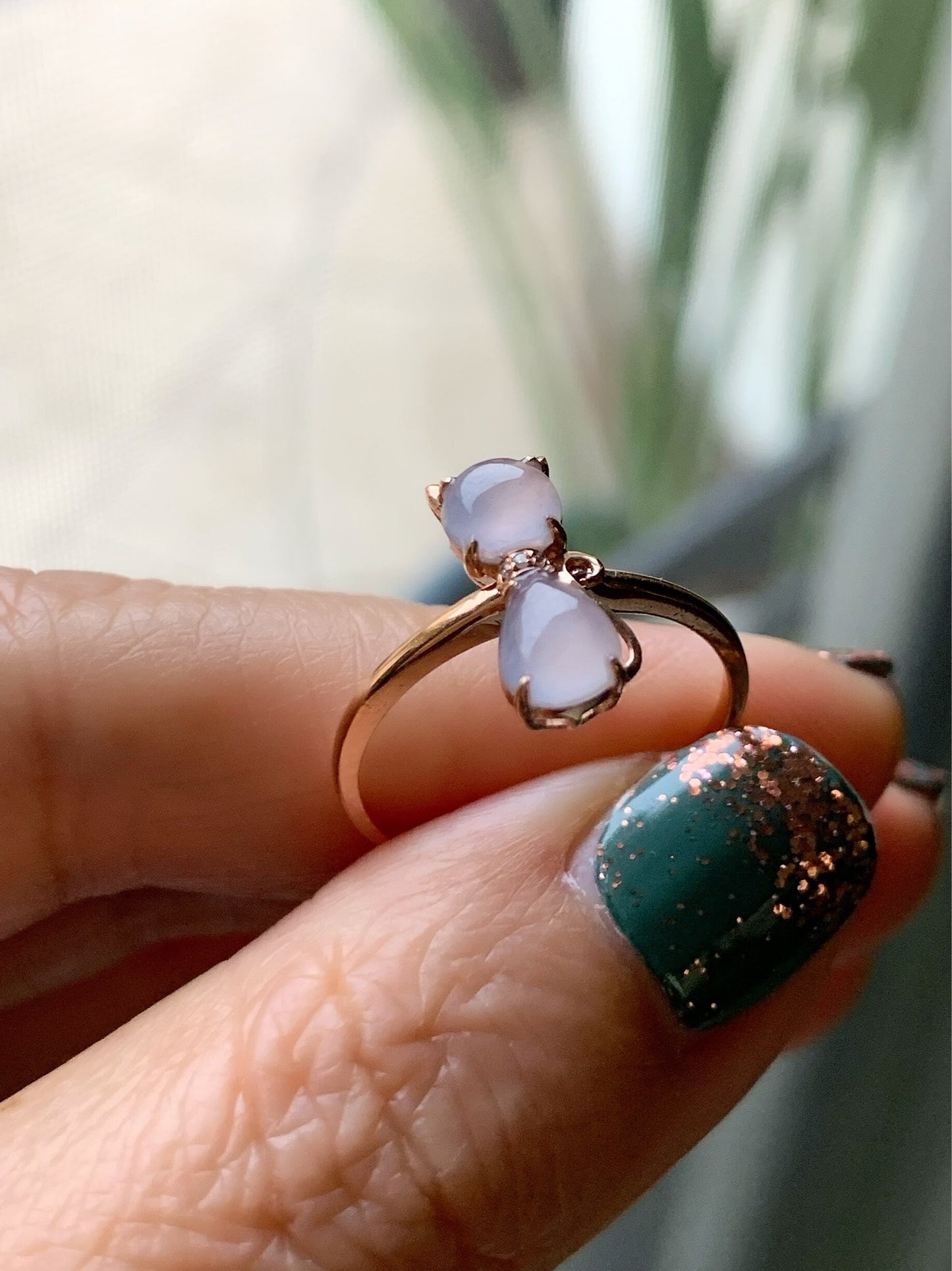 Certified Natural Burmese Premium Highly Translucent Pinkish Purple Jadeite Kitty Cat Ring 18K Rose Gold & Diamonds size 7 天然缅甸冰紫起光翡翠猫咪镶嵌戒指