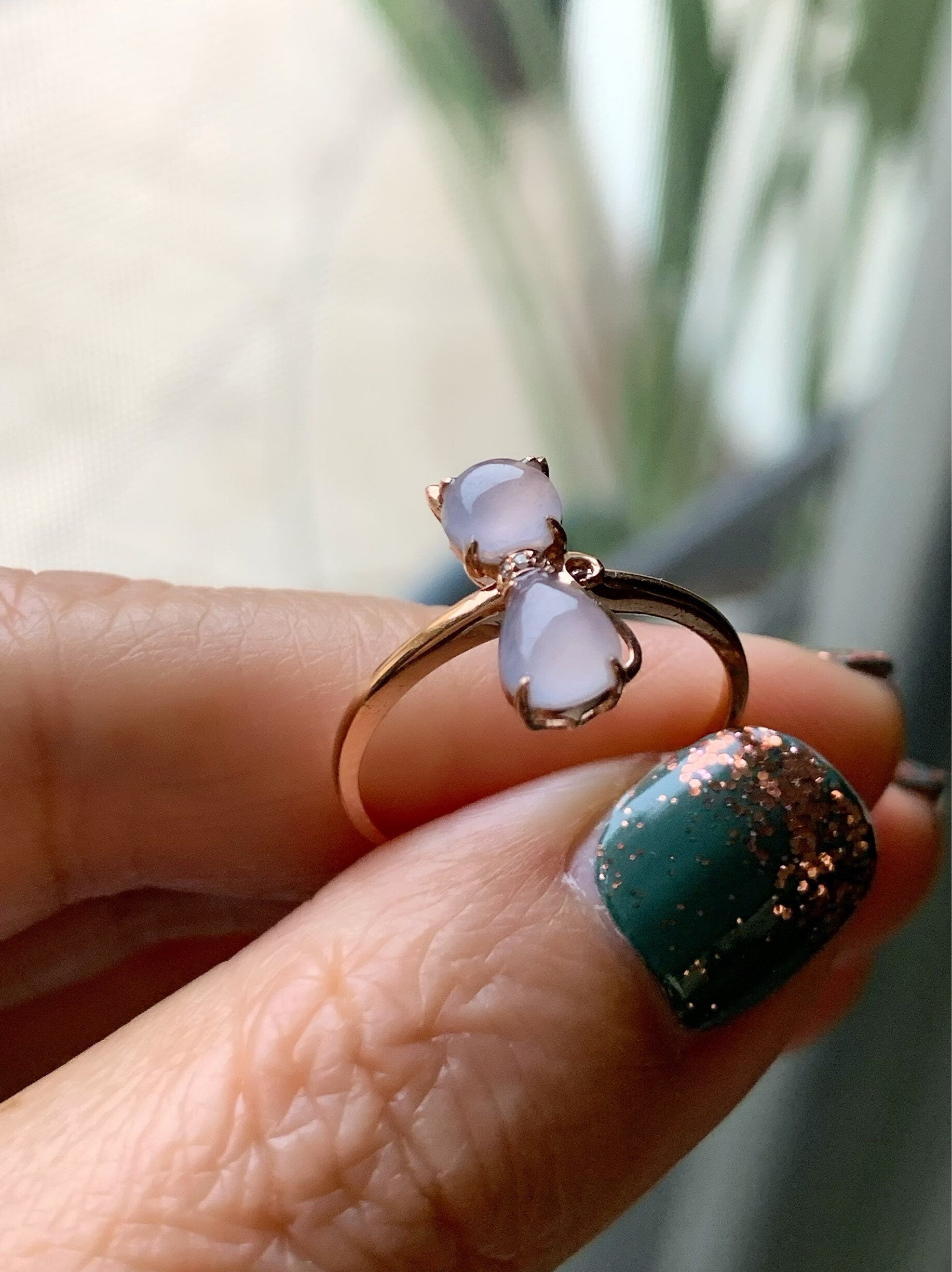 Certified Natural Burmese Premium Highly Translucent Pinkish Purple Jadeite Kitty Cat Ring 18K Rose Gold & Diamonds size 7 天然缅甸冰紫起光翡翠猫咪镶嵌戒指