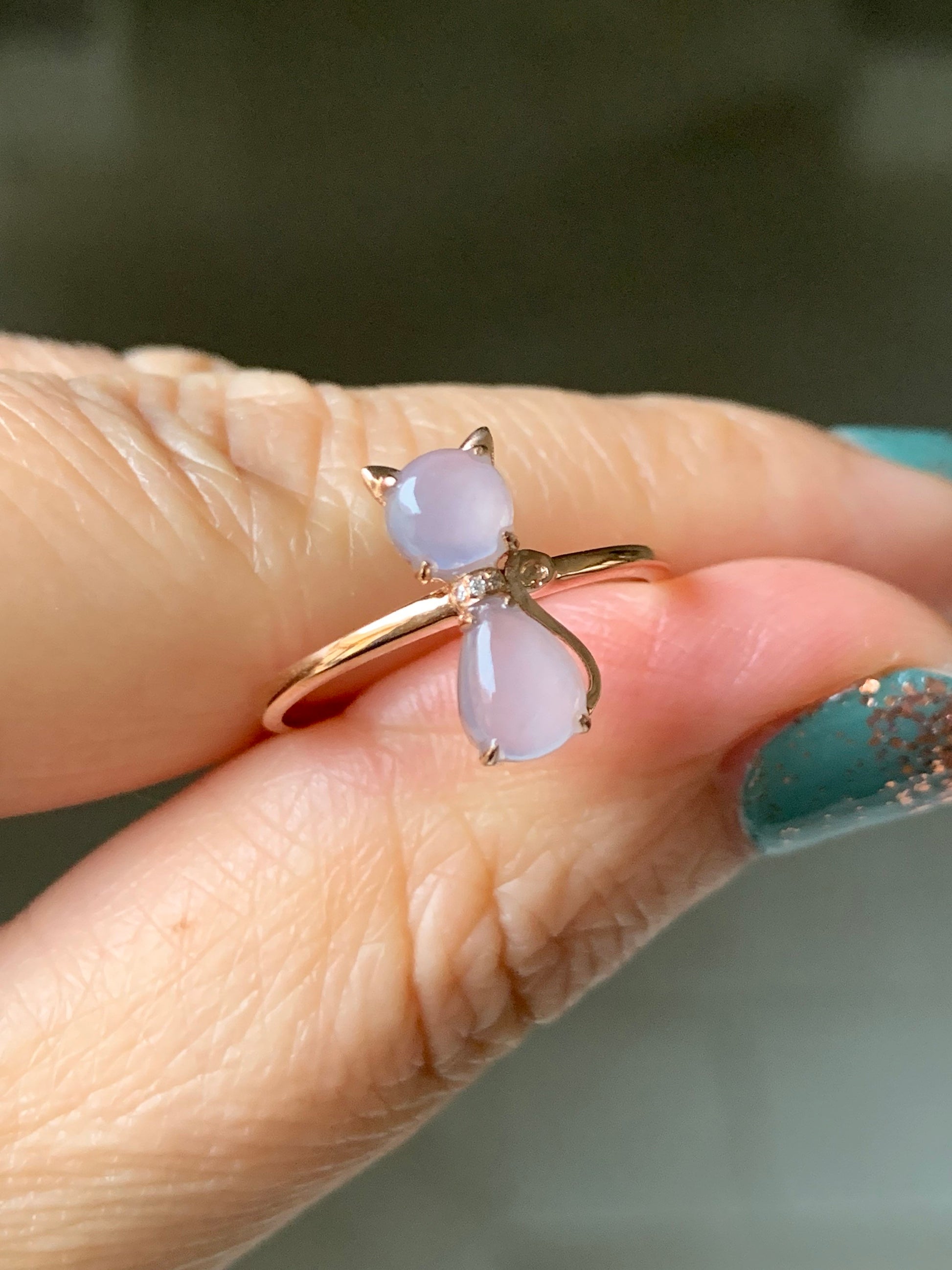Certified Natural Burmese Premium Highly Translucent Pinkish Purple Jadeite Kitty Cat Ring 18K Rose Gold & Diamonds size 7 天然缅甸冰紫起光翡翠猫咪镶嵌戒指