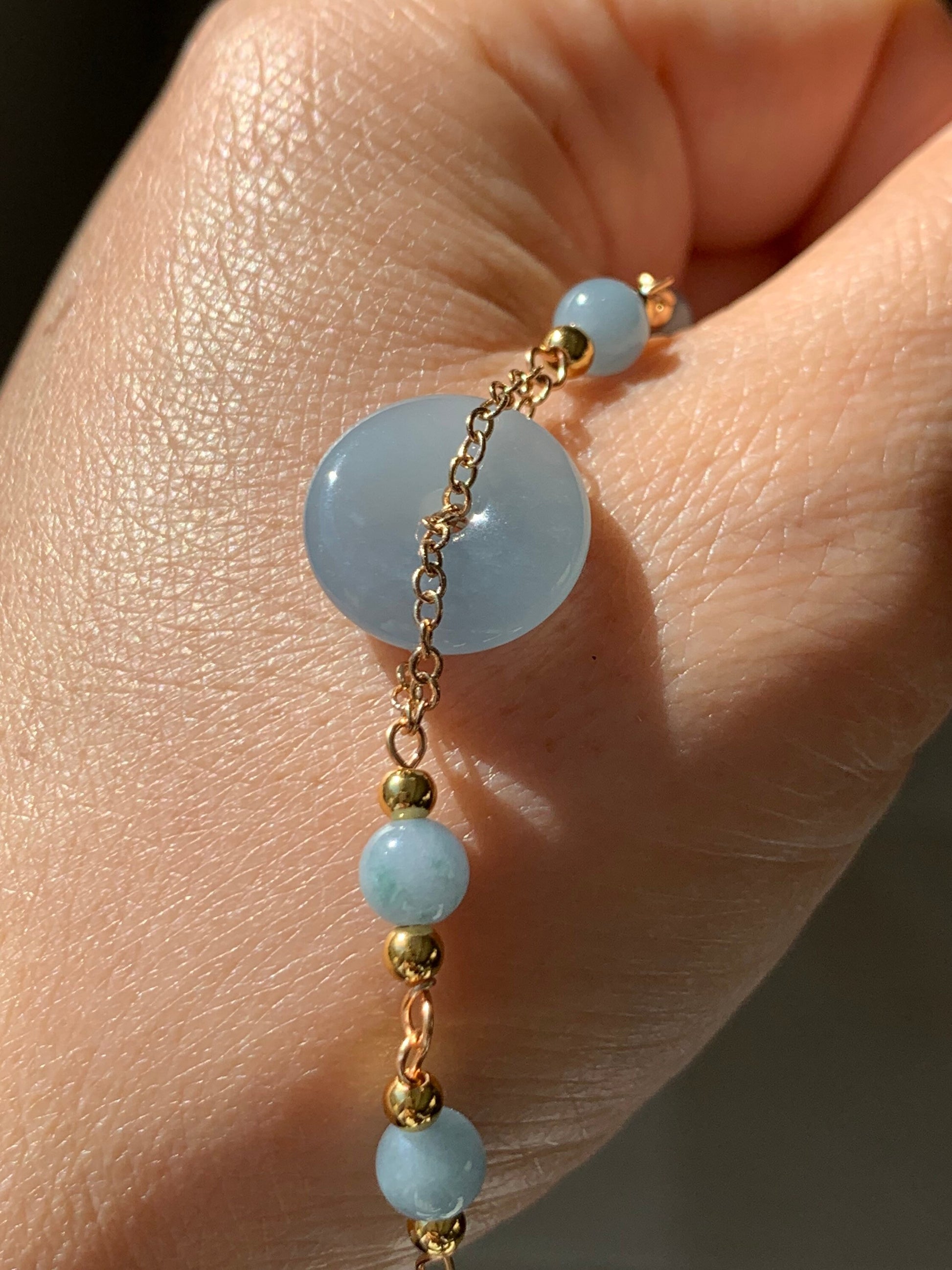 Natural Guatemalan Icy Translucent Purplish Blue Jadeite Ping An Kou Bracelet 14K Gold Plated adjustable 天然冰危蓝紫翡翠平安扣14K包金手链