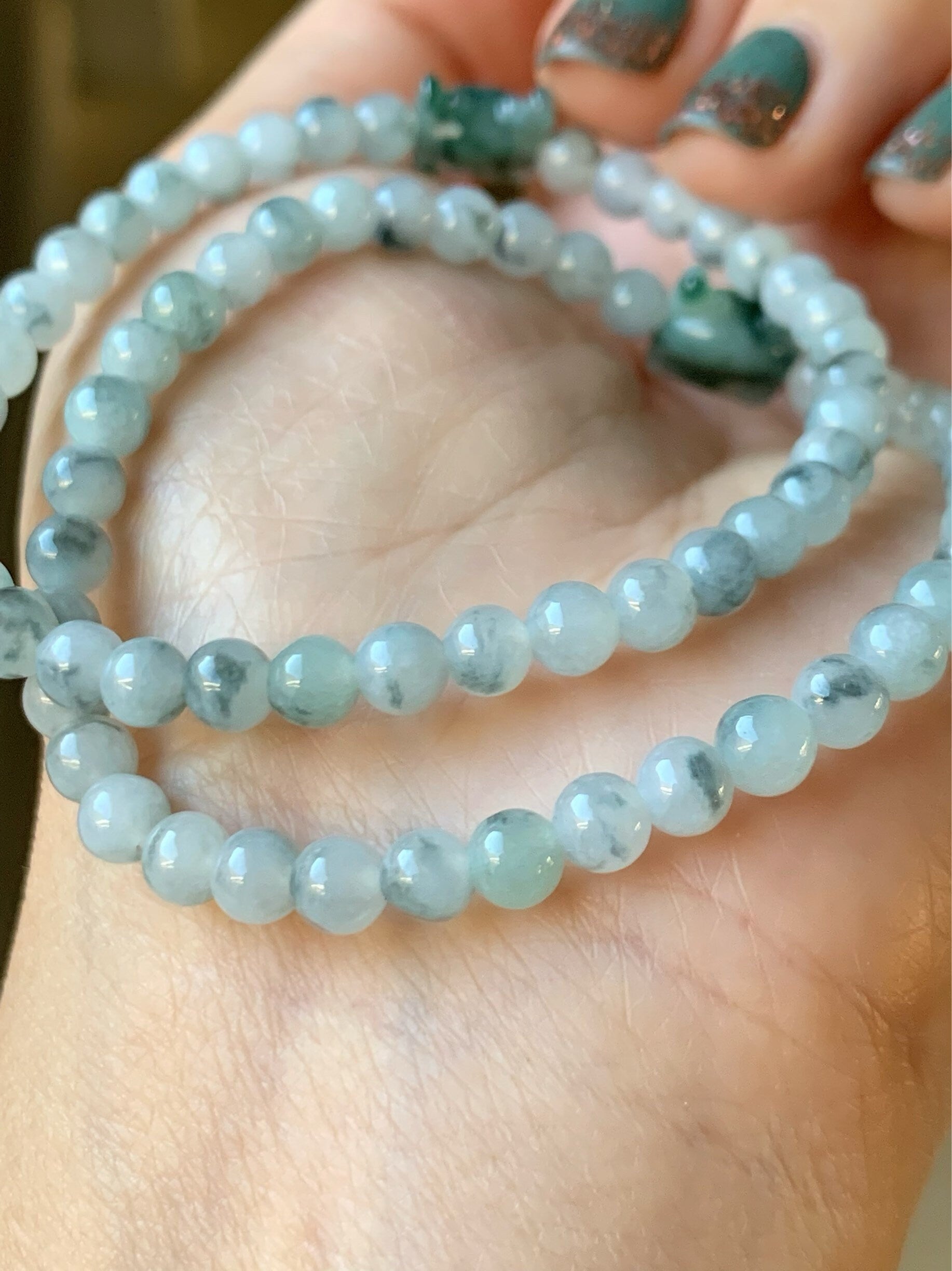 Natural Burmese Icy Translucent & Gelatinous Green Marbling Jadeite Carved Deer Antler Comb Bead Beaded Bracelet 7” 天然缅甸冰飘花翡翠鹿角梳子手串