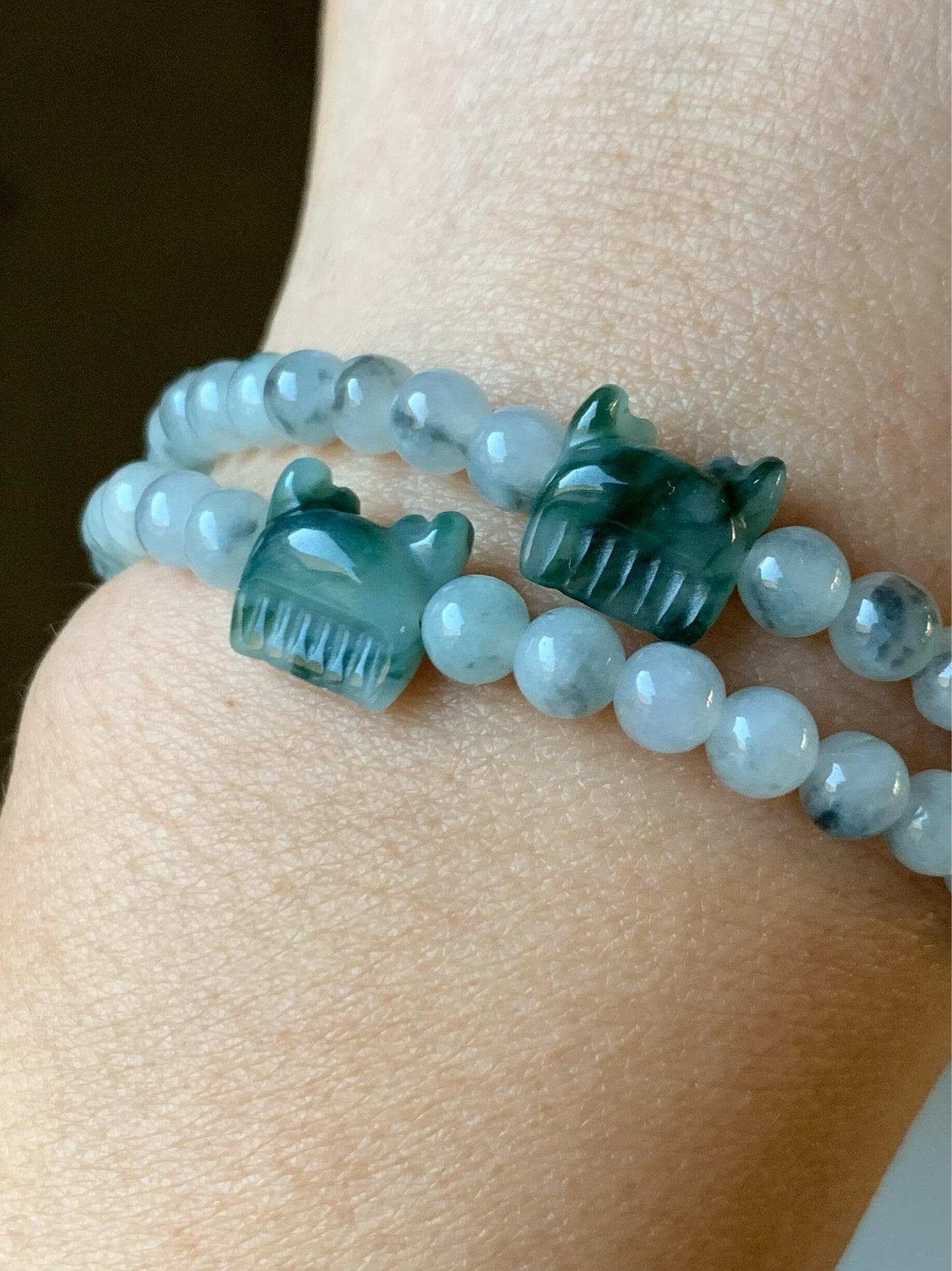 Natural Burmese Icy Translucent & Gelatinous Green Marbling Jadeite Carved Deer Antler Comb Bead Beaded Bracelet 7” 天然缅甸冰飘花翡翠鹿角梳子手串