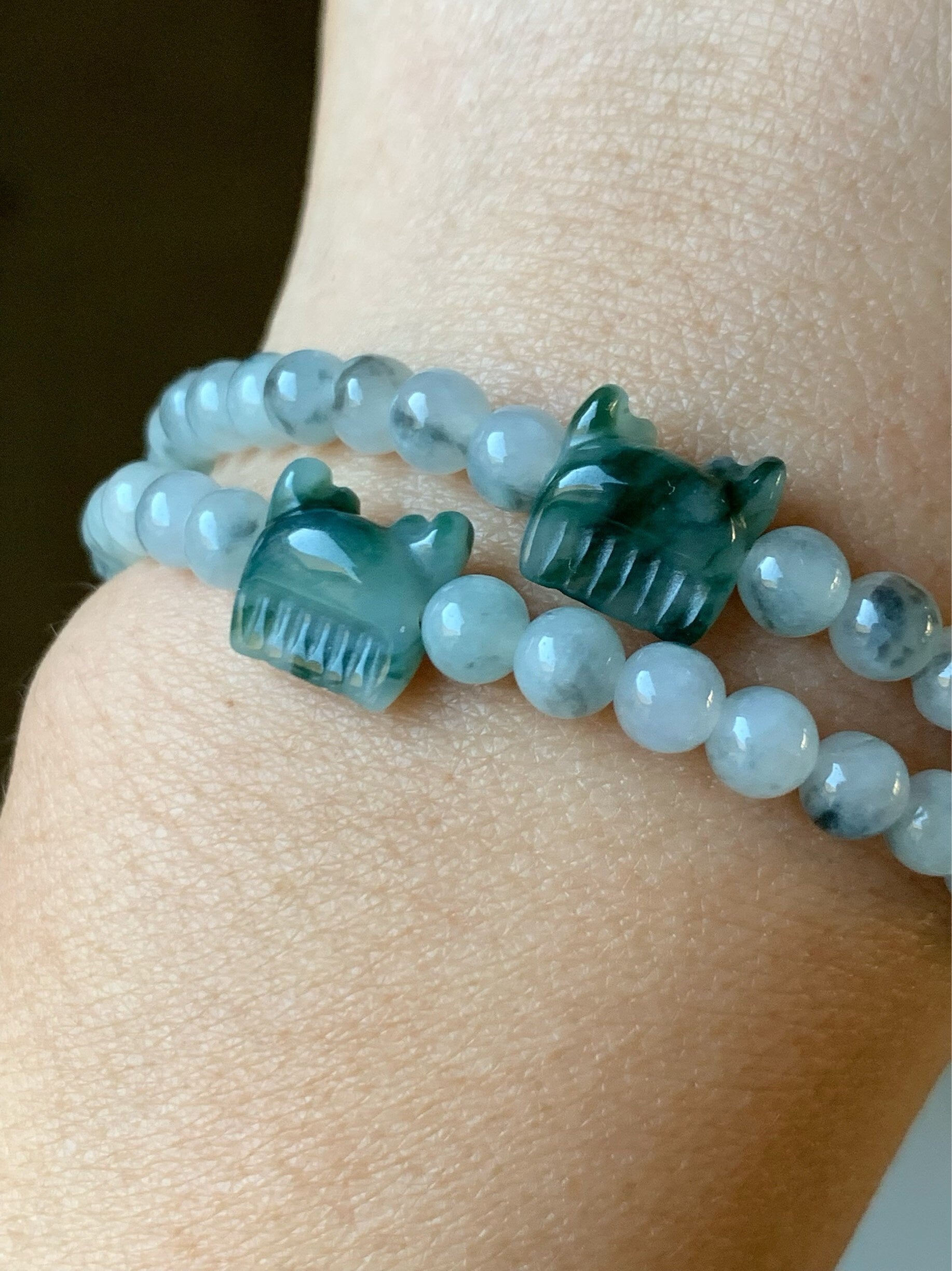 Natural Burmese Icy Translucent & Gelatinous Green Marbling Jadeite Carved Deer Antler Comb Bead Beaded Bracelet 7” 天然缅甸冰飘花翡翠鹿角梳子手串