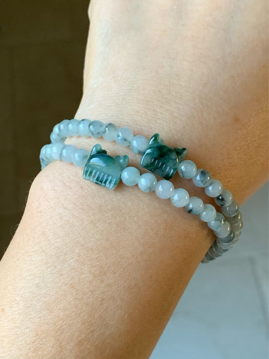 Natural Burmese Icy Translucent & Gelatinous Green Marbling Jadeite Carved Deer Antler Comb Bead Beaded Bracelet 7” 天然缅甸冰飘花翡翠鹿角梳子手串