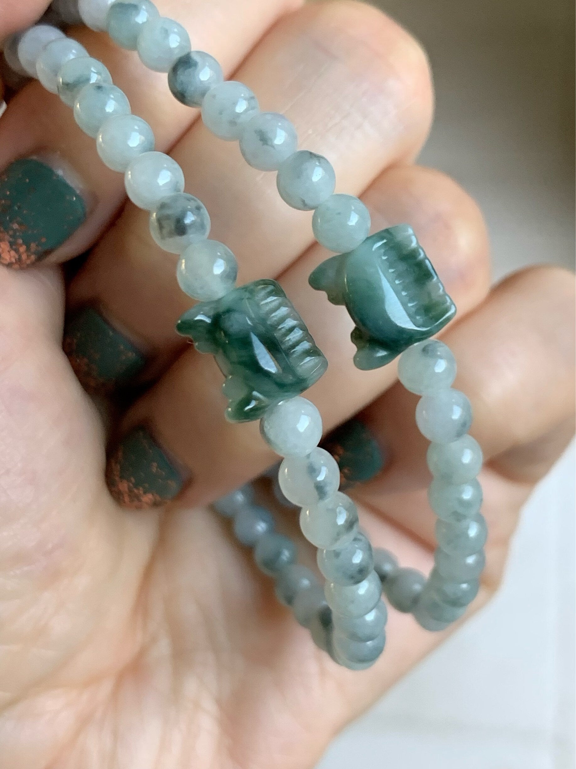 Natural Burmese Icy Translucent & Gelatinous Green Marbling Jadeite Carved Deer Antler Comb Bead Beaded Bracelet 7” 天然缅甸冰飘花翡翠鹿角梳子手串