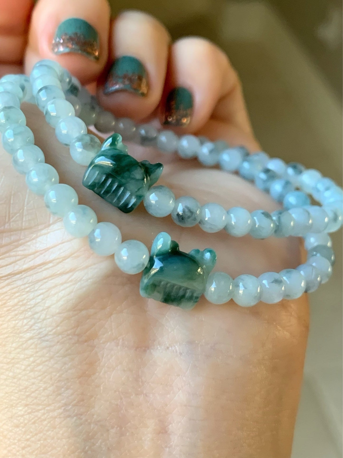 Natural Burmese Icy Translucent & Gelatinous Green Marbling Jadeite Carved Deer Antler Comb Bead Beaded Bracelet 7” 天然缅甸冰飘花翡翠鹿角梳子手串