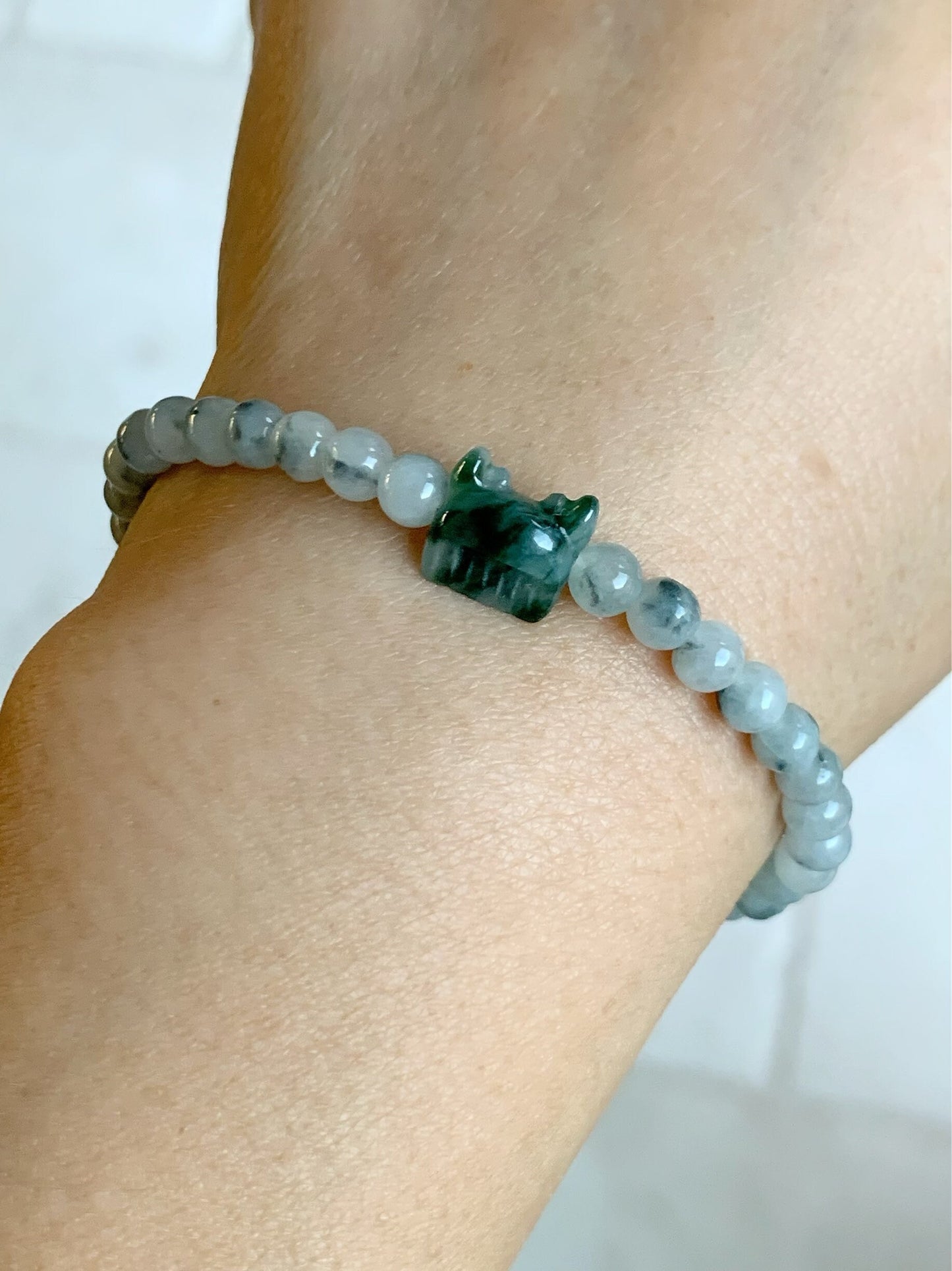 Natural Burmese Icy Translucent & Gelatinous Green Marbling Jadeite Carved Deer Antler Comb Bead Beaded Bracelet 7” 天然缅甸冰飘花翡翠鹿角梳子手串