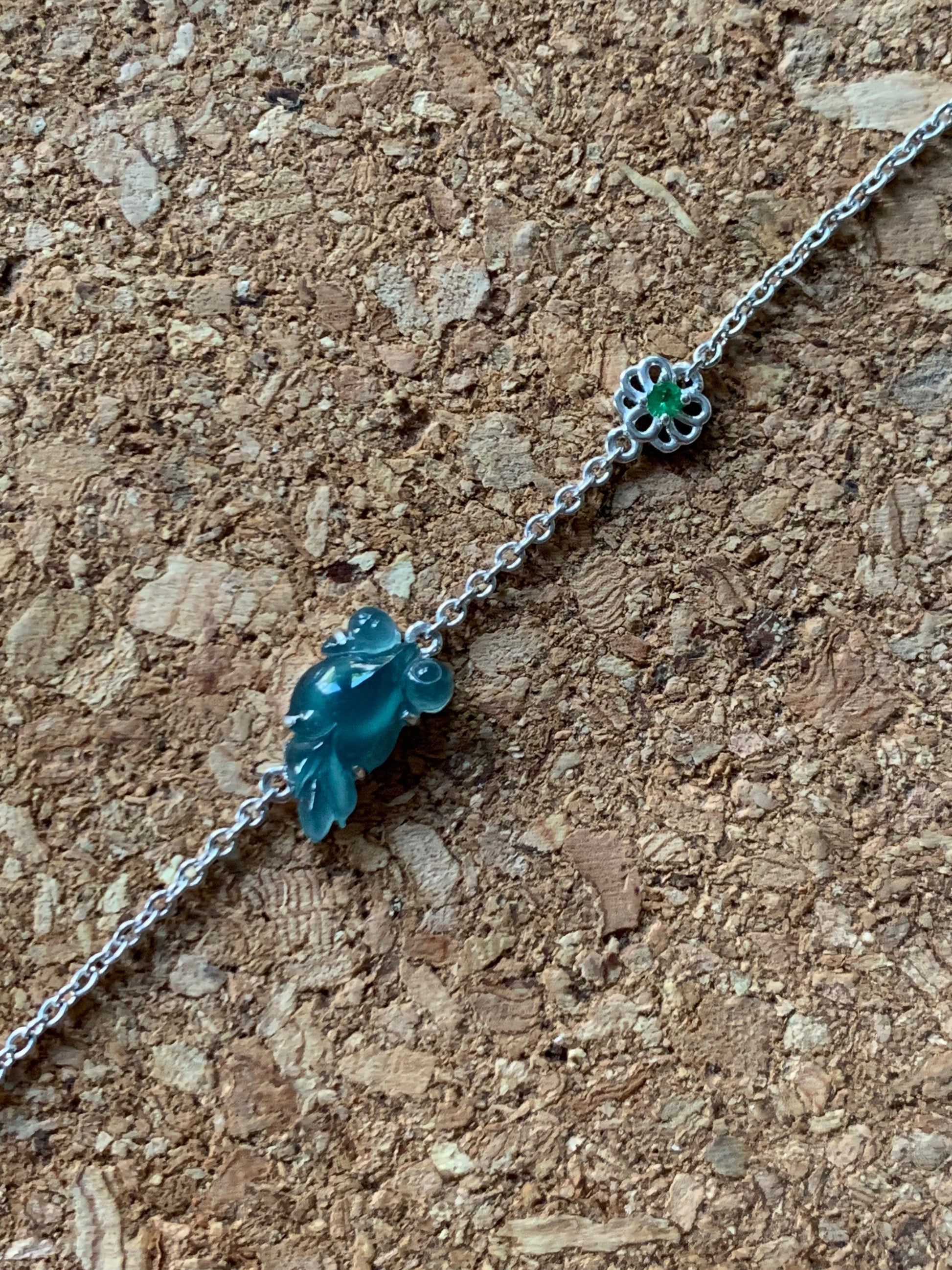 Certified Natural Guatemalan Highly Translucent Teal Blue Jadeite Carved Goldfish Bracelet S925 Sterling Silver adjustable 天然冰危蓝绿翡翠金鱼银镶手链