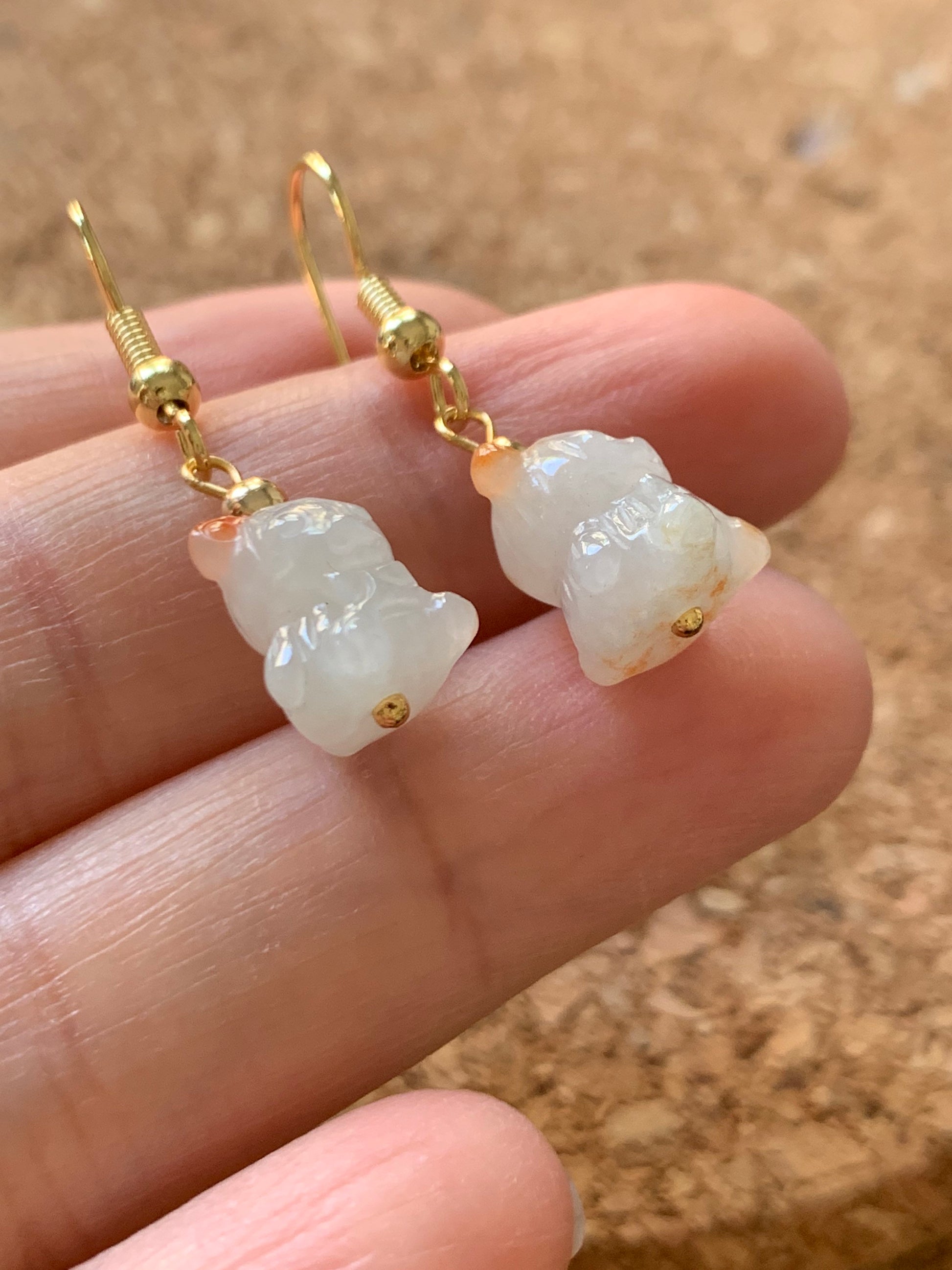 Natural Burmese Icy Jadeite Carved Teddy Bear Dangle Earrings 14K YG or Silver Plated 天然缅甸翡翠小熊14K包金耳吊