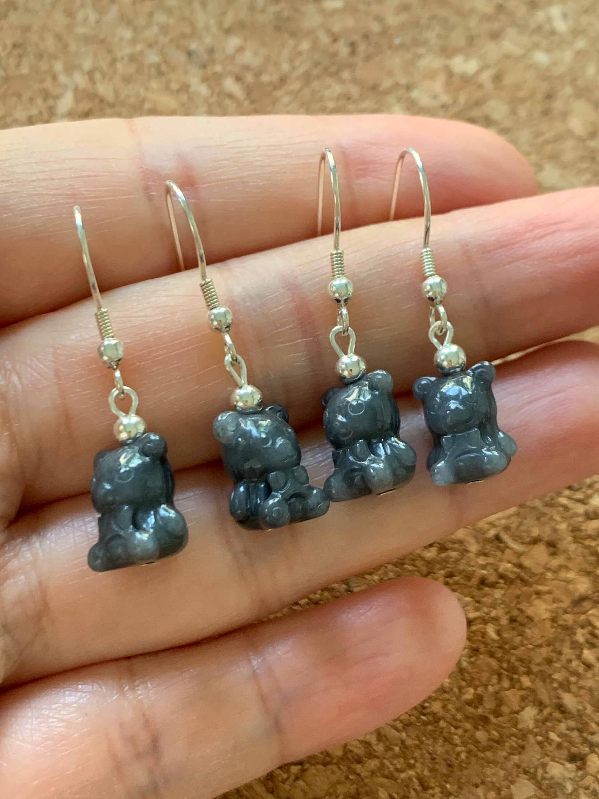Natural Burmese Icy Jadeite Carved Teddy Bear Dangle Earrings 14K YG or Silver Plated 天然缅甸翡翠小熊14K包金耳吊