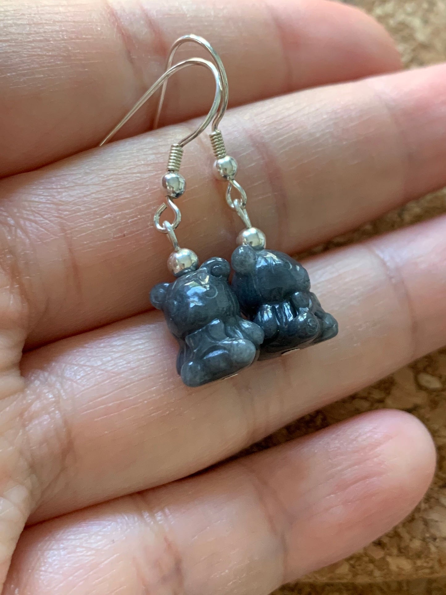 Natural Burmese Icy Jadeite Carved Teddy Bear Dangle Earrings 14K YG or Silver Plated 天然缅甸翡翠小熊14K包金耳吊