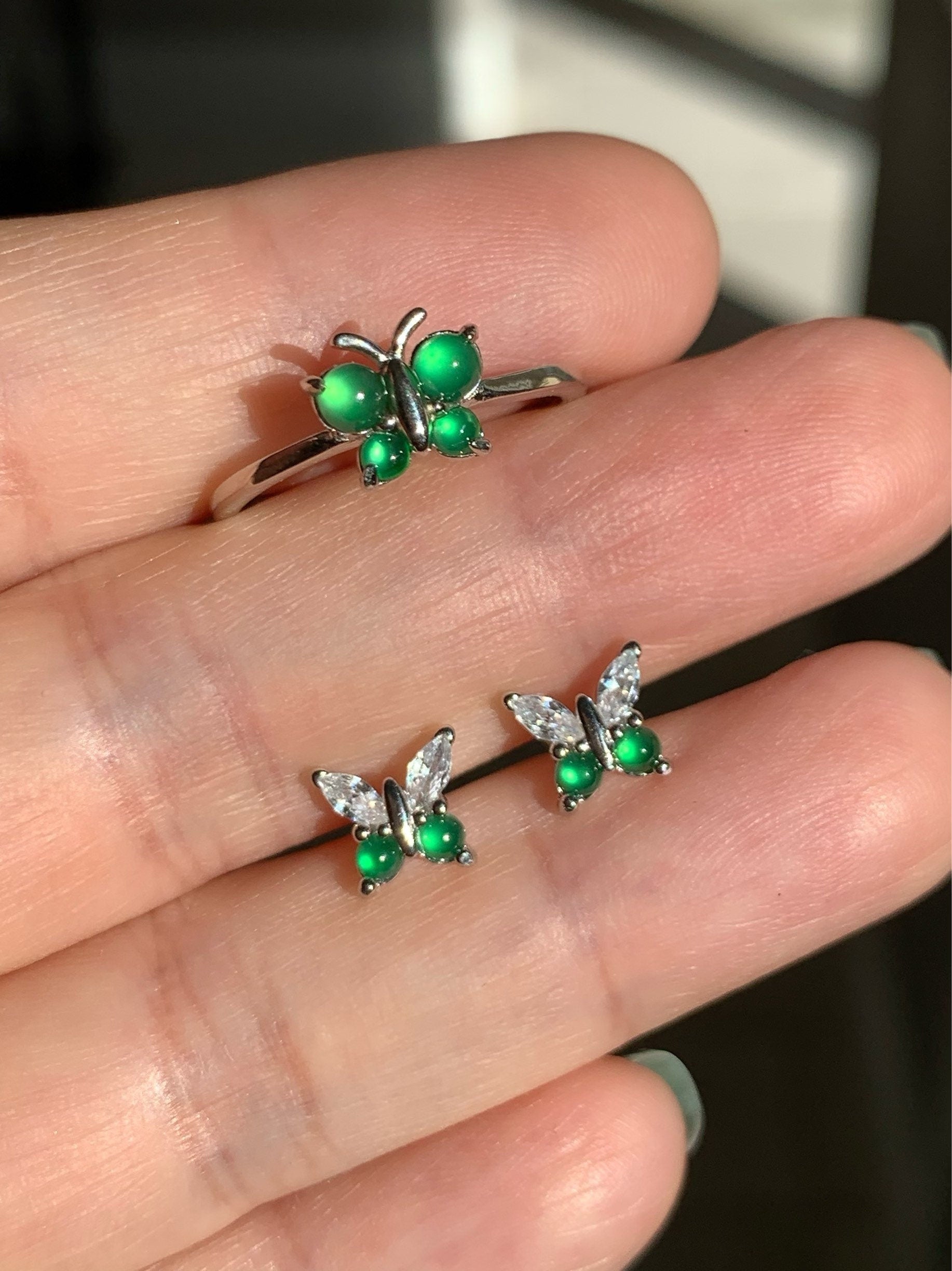 Natural Guatemalan Icy Highly Translucent Vibrant Green Jadeite Butterfly Design Ring or Stud Earrings S925 Silver 天然老种高危阳绿翡翠蝴蝶银镶 WHD100