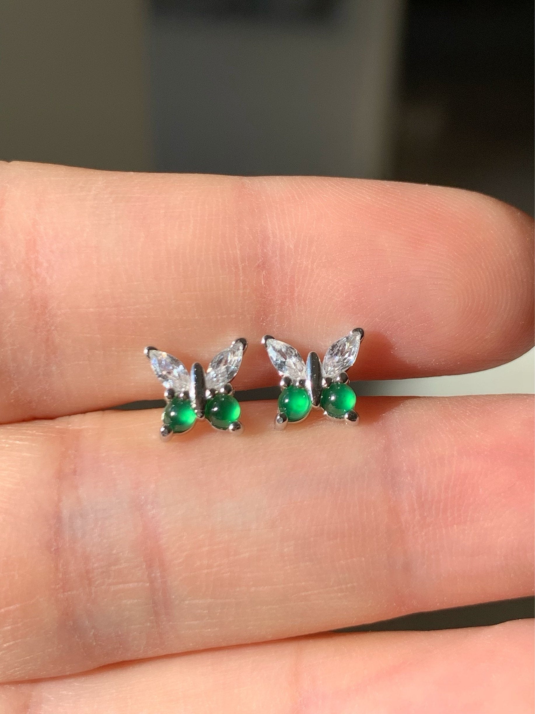 Natural Guatemalan Icy Highly Translucent Vibrant Green Jadeite Butterfly Design Ring or Stud Earrings S925 Silver 天然老种高危阳绿翡翠蝴蝶银镶 WHD100