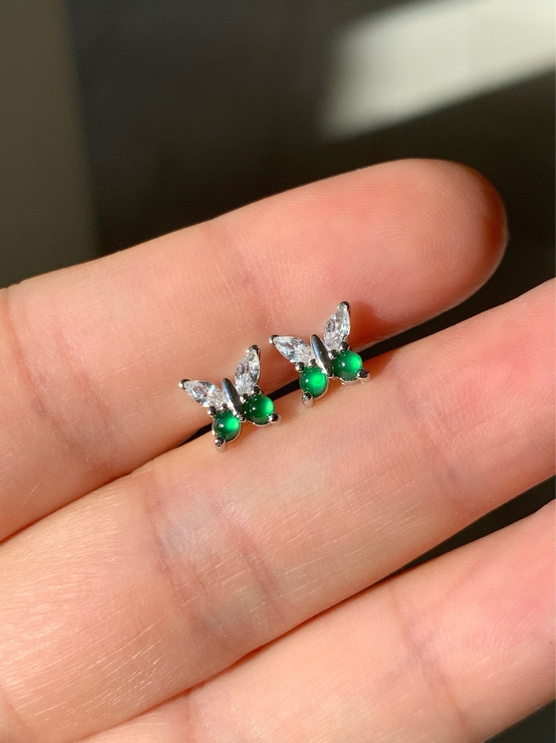 Natural Guatemalan Icy Highly Translucent Vibrant Green Jadeite Butterfly Design Ring or Stud Earrings S925 Silver 天然老种高危阳绿翡翠蝴蝶银镶 WHD100