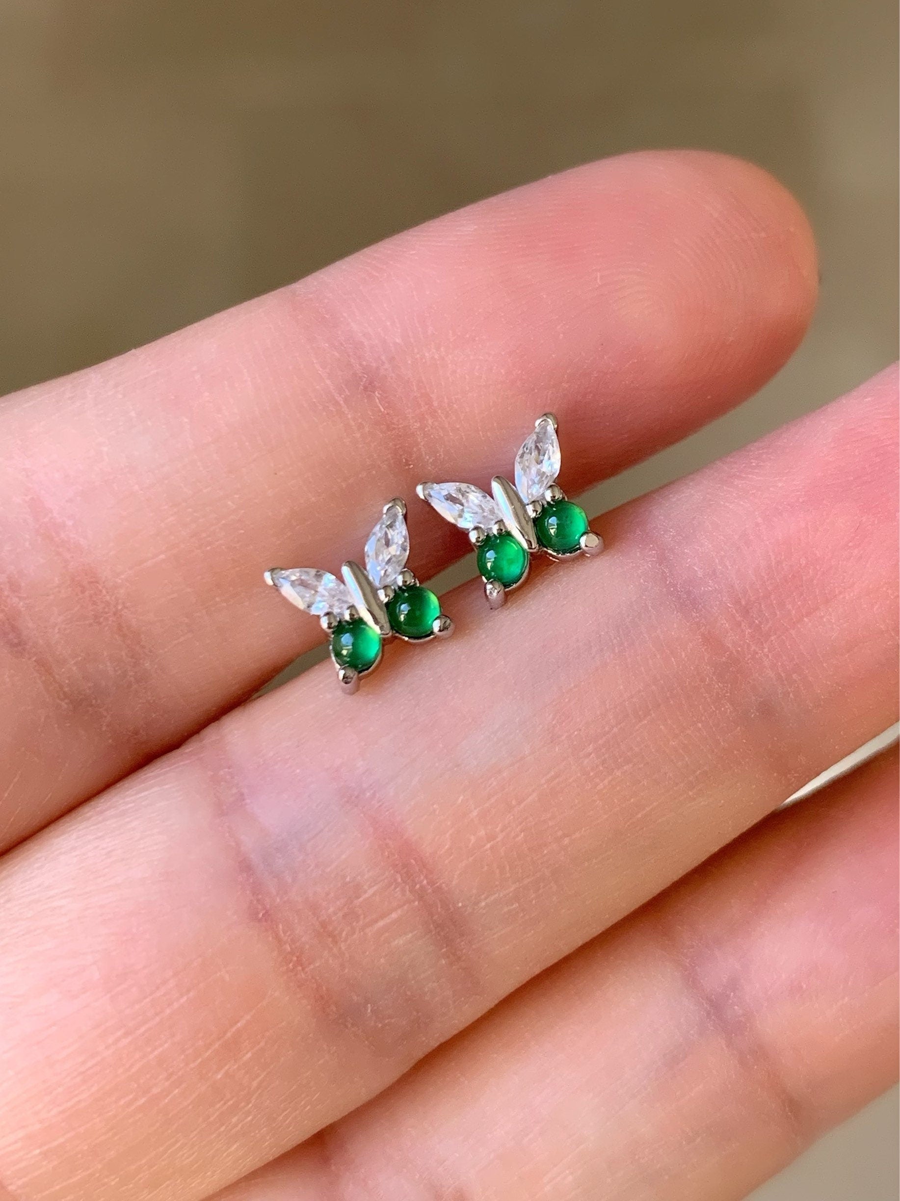 Natural Guatemalan Icy Highly Translucent Vibrant Green Jadeite Butterfly Design Ring or Stud Earrings S925 Silver 天然老种高危阳绿翡翠蝴蝶银镶 WHD100
