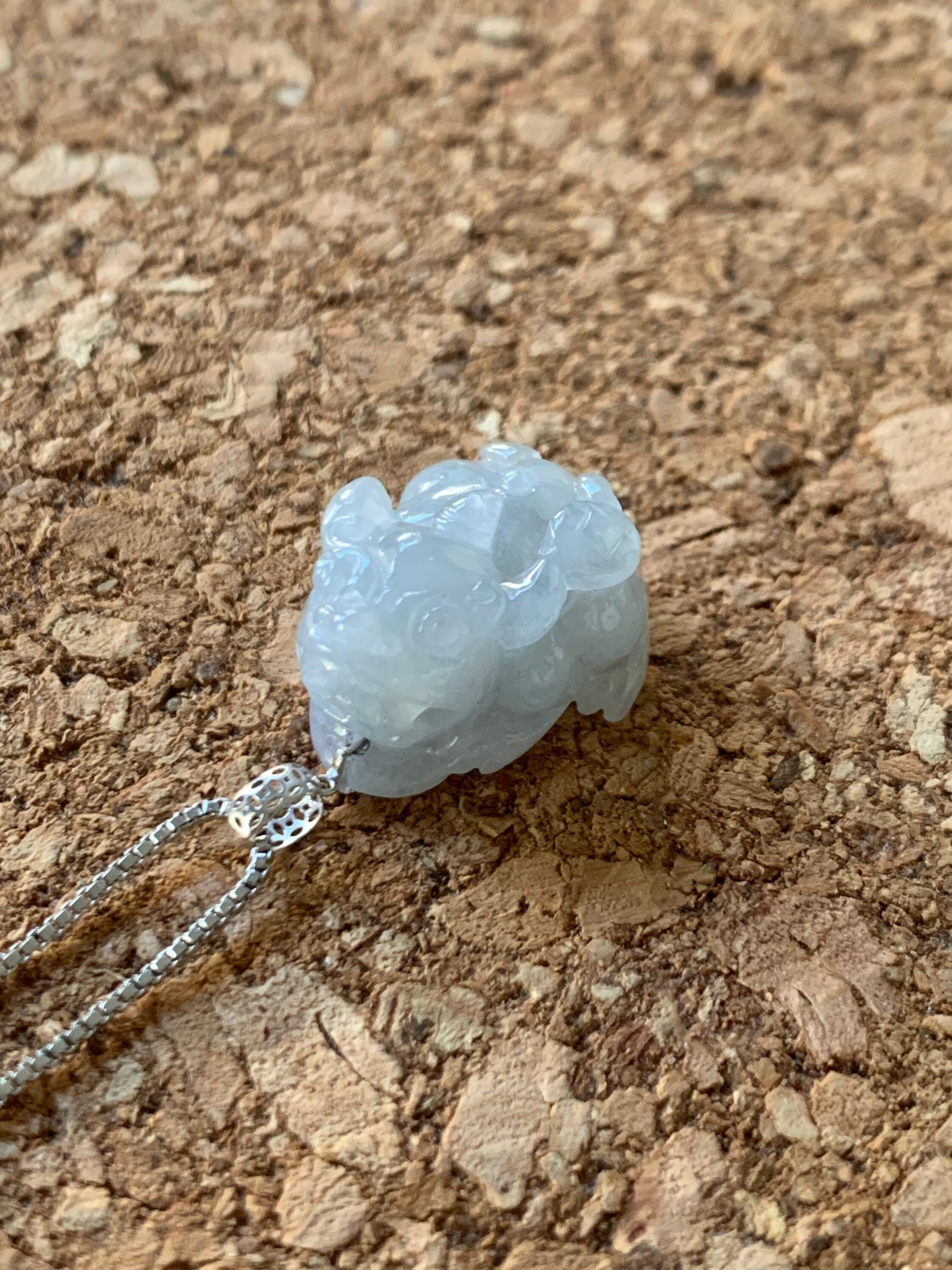 Natural Burmese Icy Translucent & Gelatinous Light Dusty Blue Jadeite Male Pixiu Pendant w/ 18K White Gold Bail 天然缅甸冰胶淡蓝底翡翠带吧貔貅吊坠