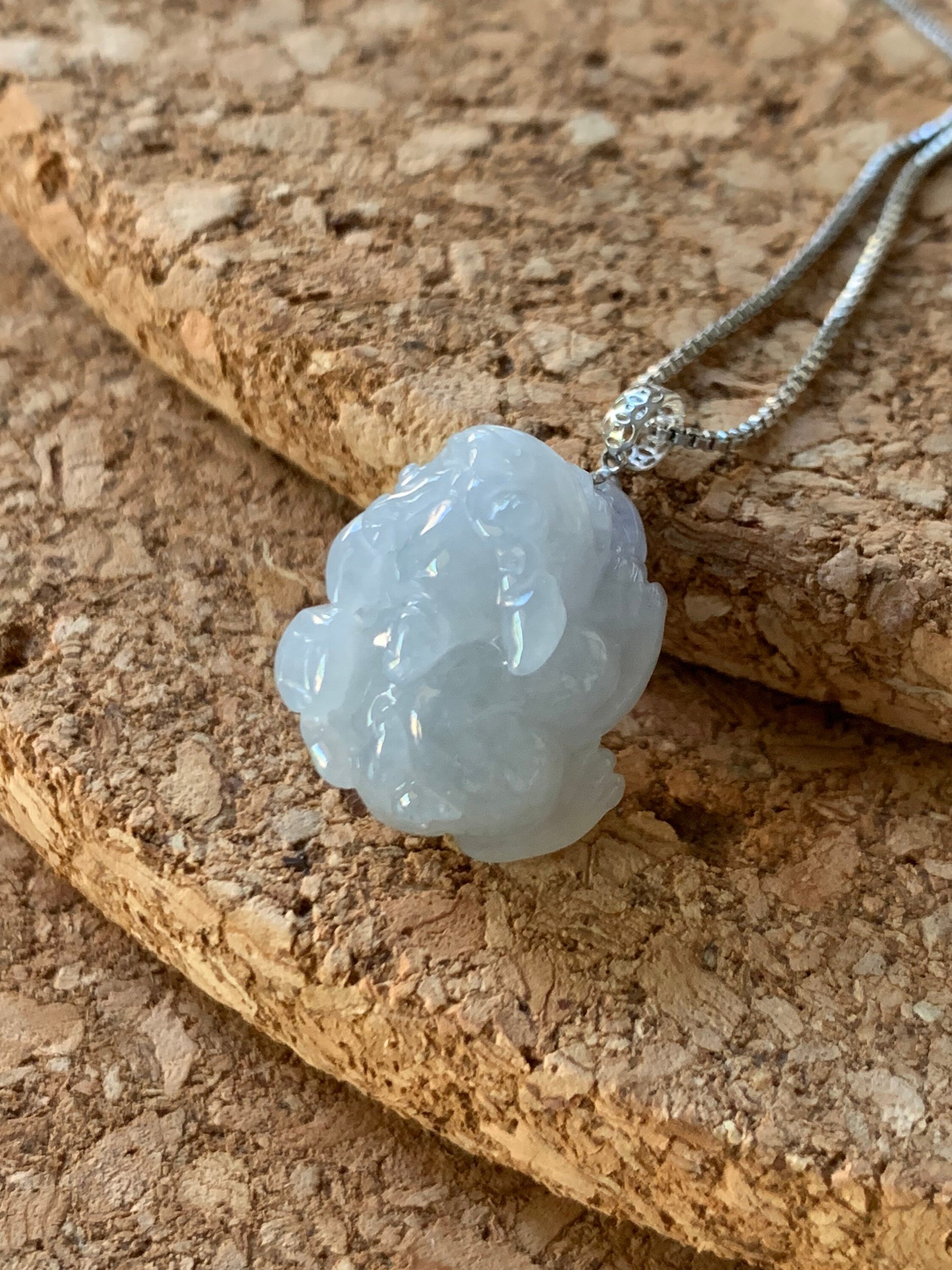 Natural Burmese Icy Translucent & Gelatinous Light Dusty Blue Jadeite Male Pixiu Pendant w/ 18K White Gold Bail 天然缅甸冰胶淡蓝底翡翠带吧貔貅吊坠