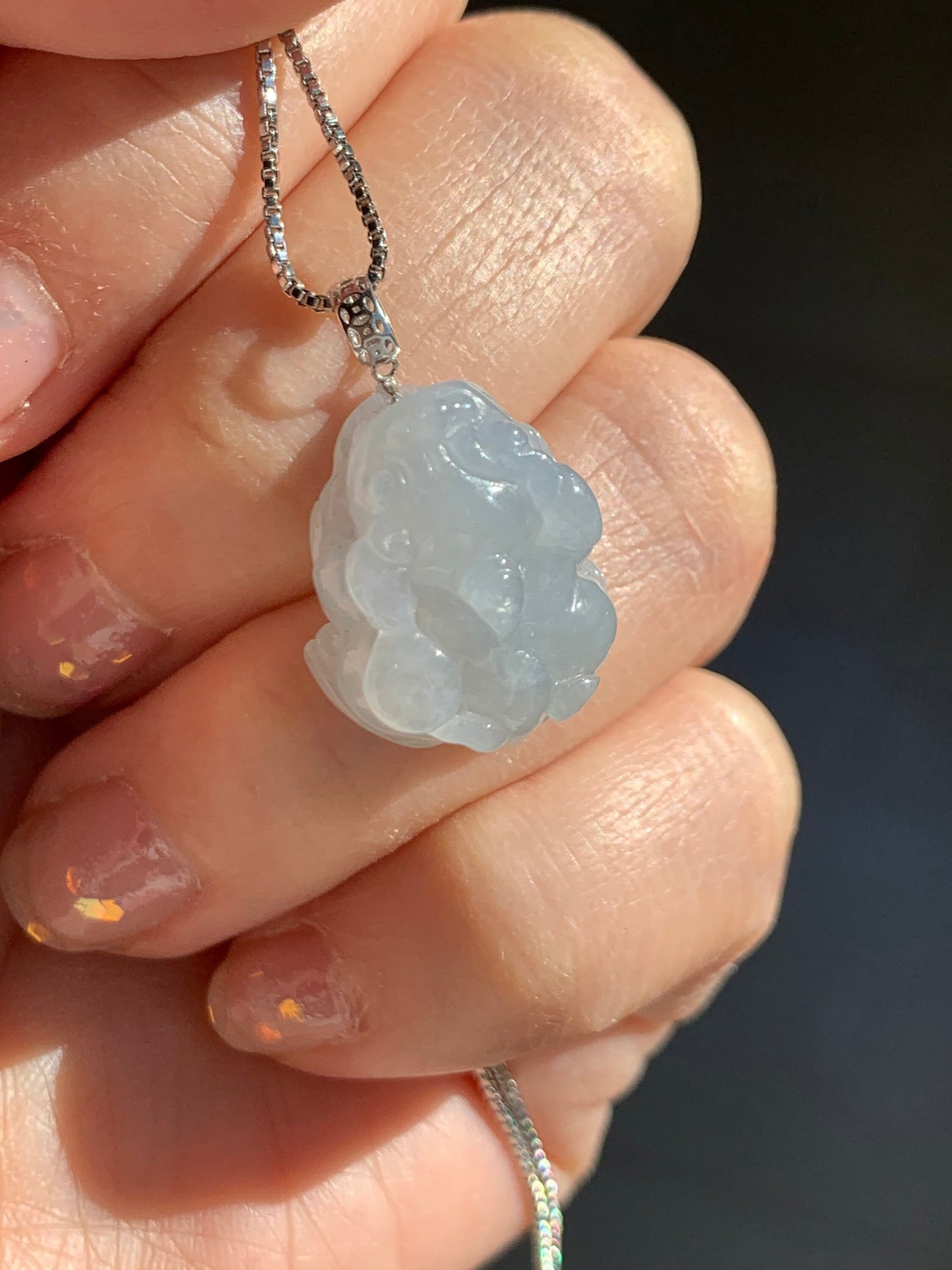 Natural Burmese Icy Translucent & Gelatinous Light Dusty Blue Jadeite Male Pixiu Pendant w/ 18K White Gold Bail 天然缅甸冰胶淡蓝底翡翠带吧貔貅吊坠