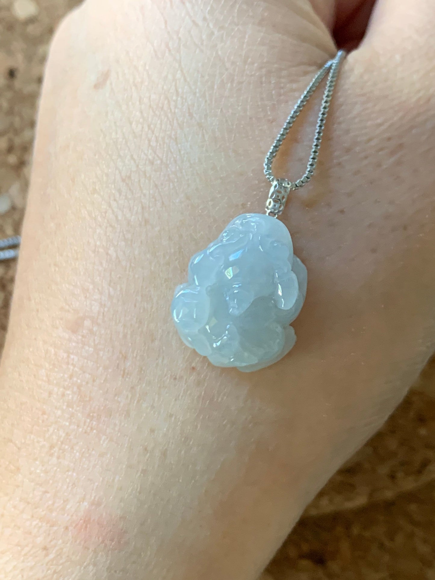 Natural Burmese Icy Translucent & Gelatinous Light Dusty Blue Jadeite Male Pixiu Pendant w/ 18K White Gold Bail 天然缅甸冰胶淡蓝底翡翠带吧貔貅吊坠