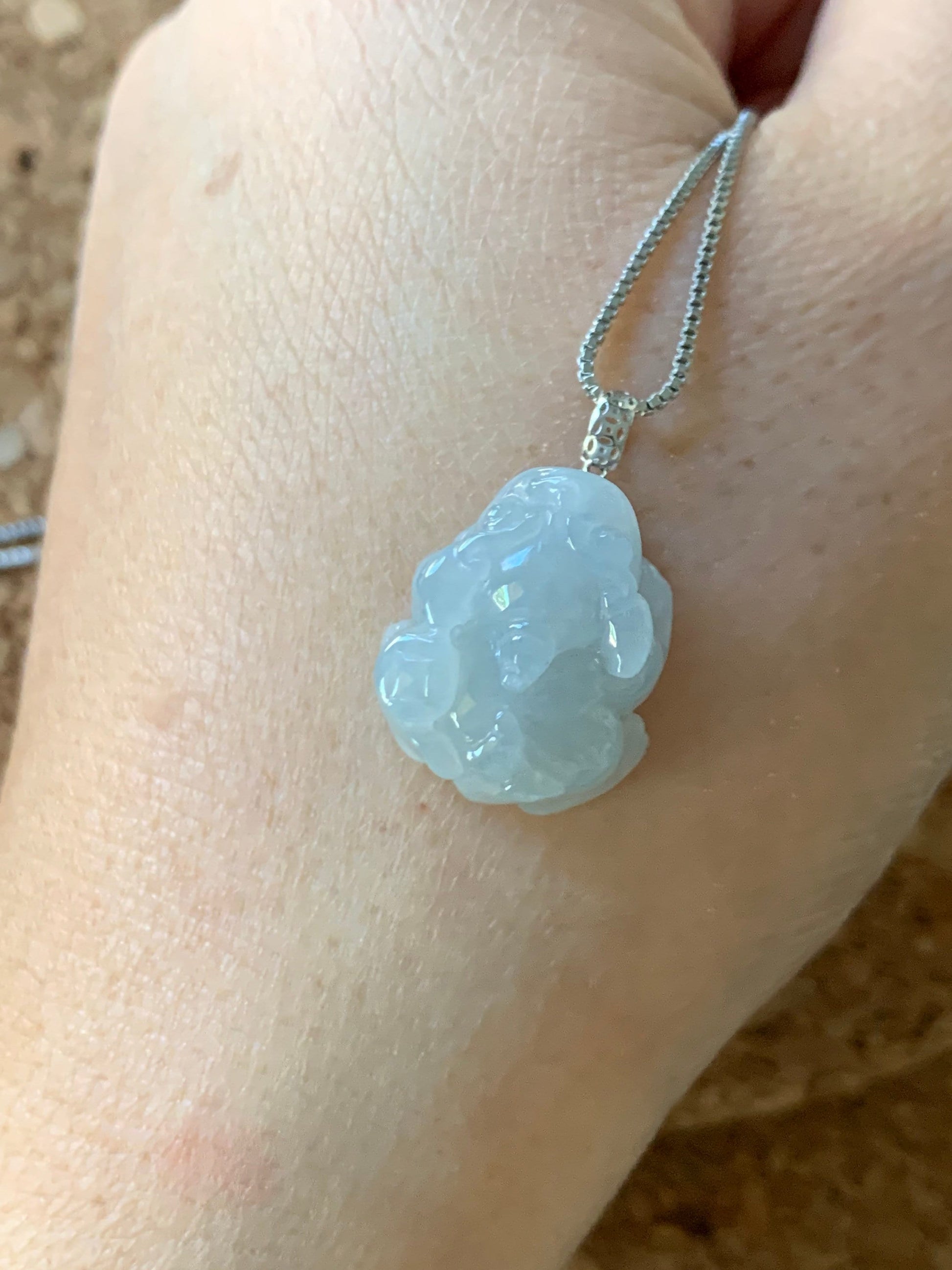 Natural Burmese Icy Translucent & Gelatinous Light Dusty Blue Jadeite Male Pixiu Pendant w/ 18K White Gold Bail 天然缅甸冰胶淡蓝底翡翠带吧貔貅吊坠