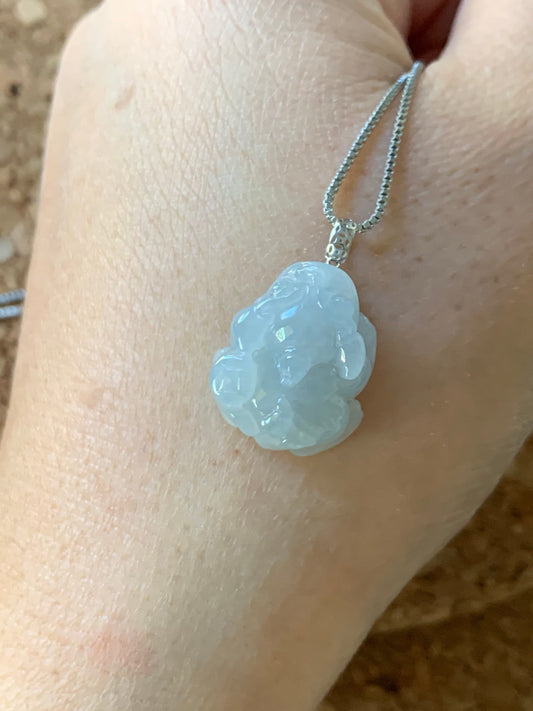 Natural Burmese Icy Translucent & Gelatinous Light Dusty Blue Jadeite Male Pixiu Pendant w/ 18K White Gold Bail 天然缅甸冰胶淡蓝底翡翠带吧貔貅吊坠