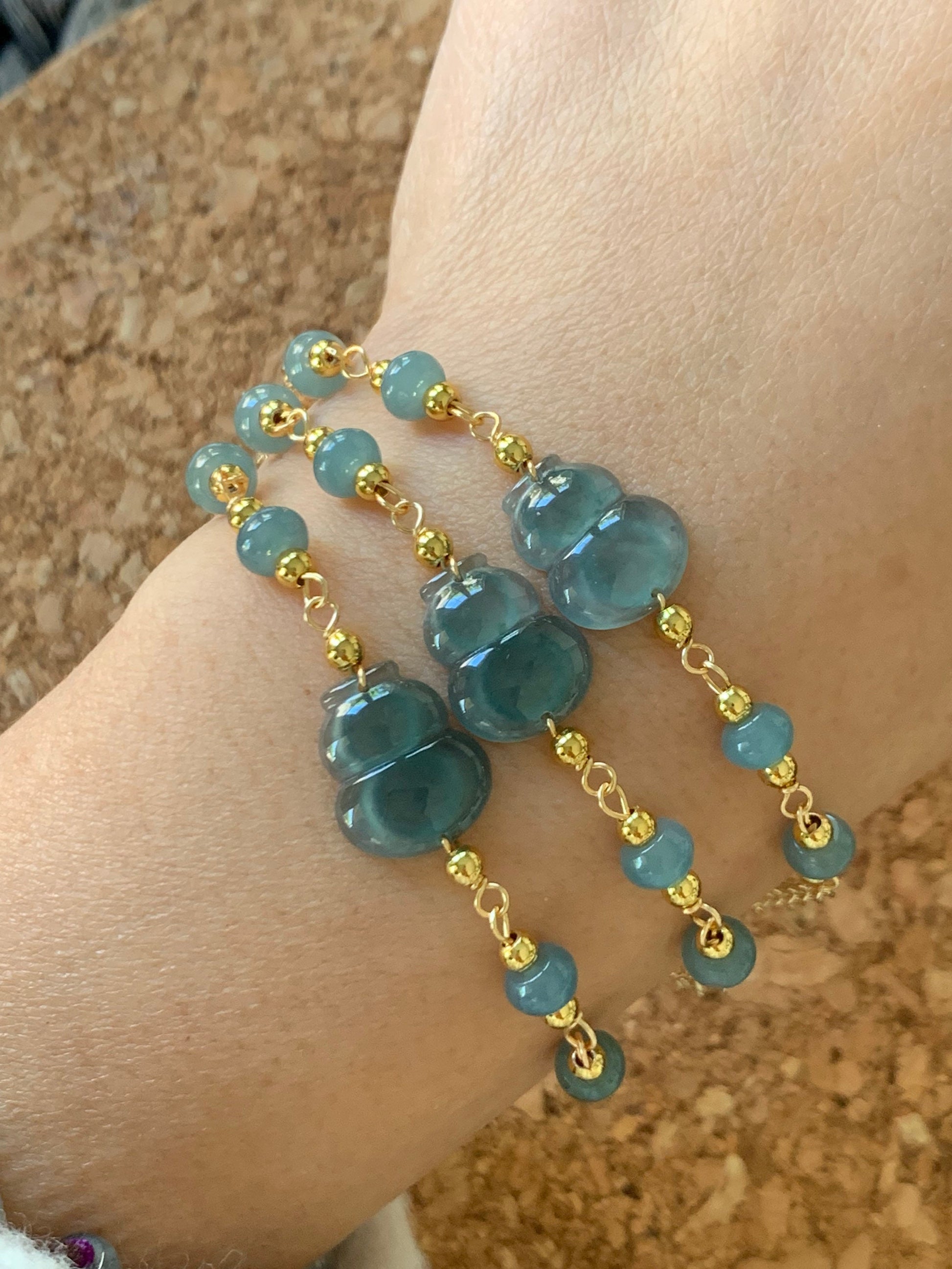 Natural Guatemalan Icy Highly Translucent Teal Blue Jadeite Carved Hulu Gourd Bracelet 14K Gold Plated adjustable 7.25” 天然冰危蓝绿翡翠葫芦14K包金手链